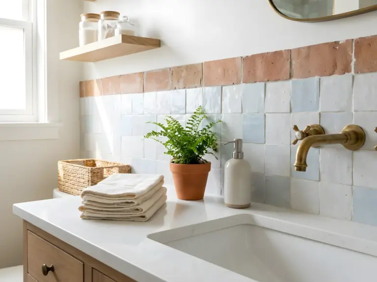 Real-life photograph of a bright, neatly organized bathroom vanity wall with a mix of handmade zellige-style tile and warm terracotta accents as the backsplash, white countertop styled with folded towels and a small potted plant, brass faucet, soft natural light streaming in from a side window, vibrant yet warm color palette, beautifully arranged, clean, Pinterest-ready aesthetic, stock photo style, no illustration, no 3D render.
