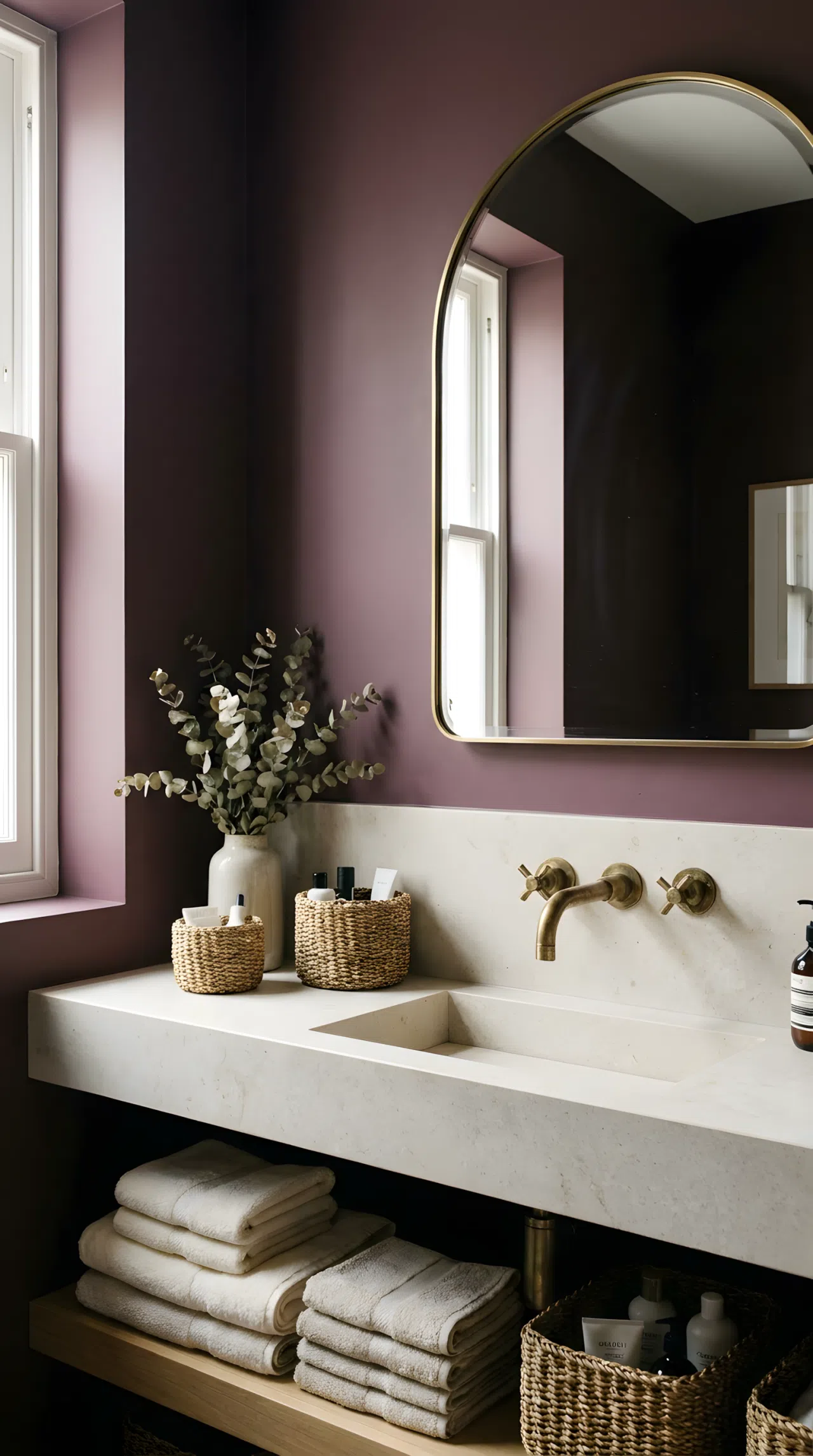 Real-life bathroom with deep plum painted walls (RGB 89,58,74), brass wall-mounted faucet, arched mirror, light-colored countertop, neatly arranged woven baskets and folded towels, bright natural light falling softly across the wall to reveal its rich undertone, clean organized styling, photography style.