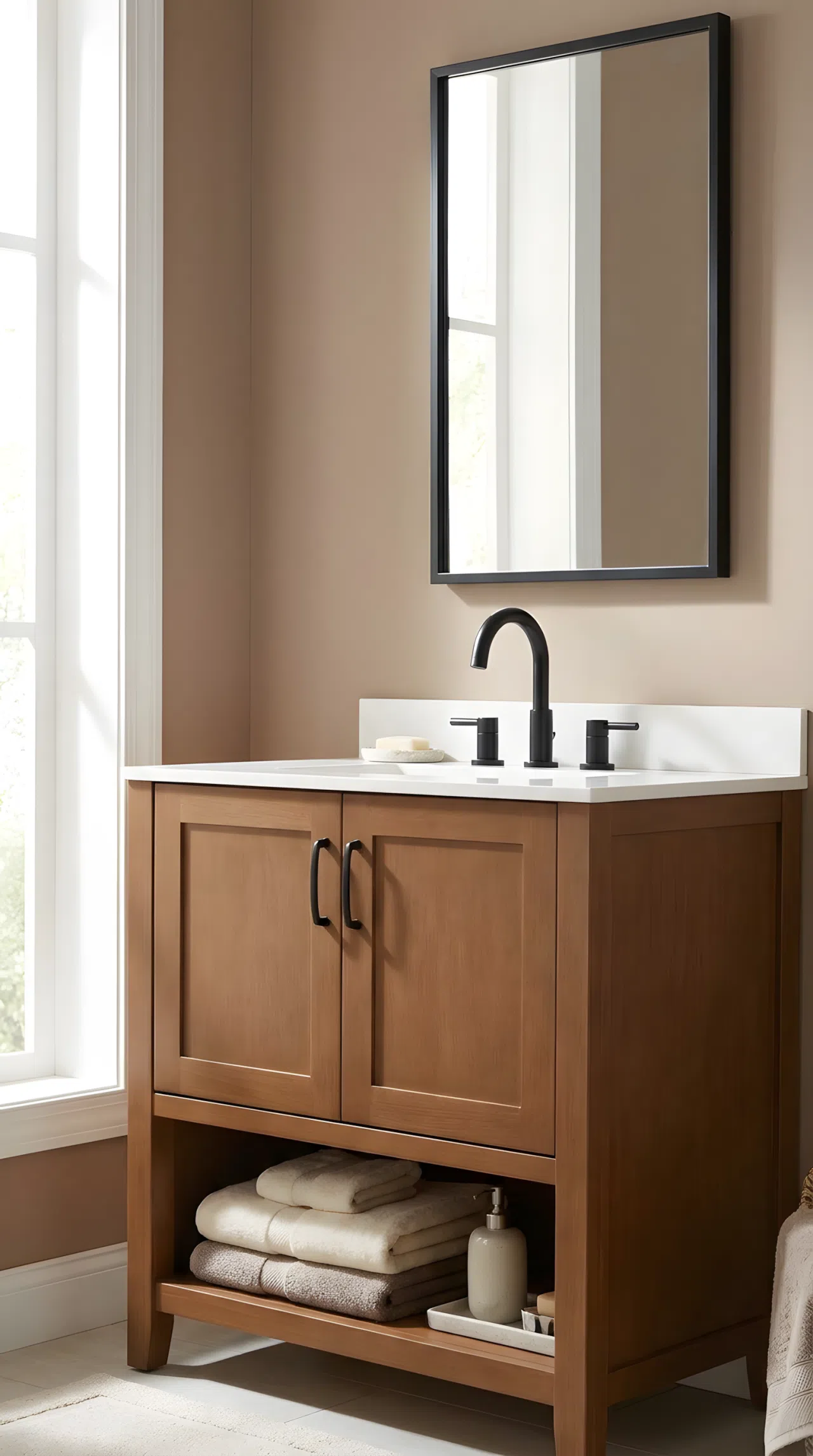 Real-life bathroom with a warm wood vanity (RGB 165,120,80), matte black faucet and mirror frame, mocha beige wall in the background, neatly arranged towels and ceramic accessories, bright natural light emphasizing the contrast between the black hardware and warm wood, clean organized styling, photography style.