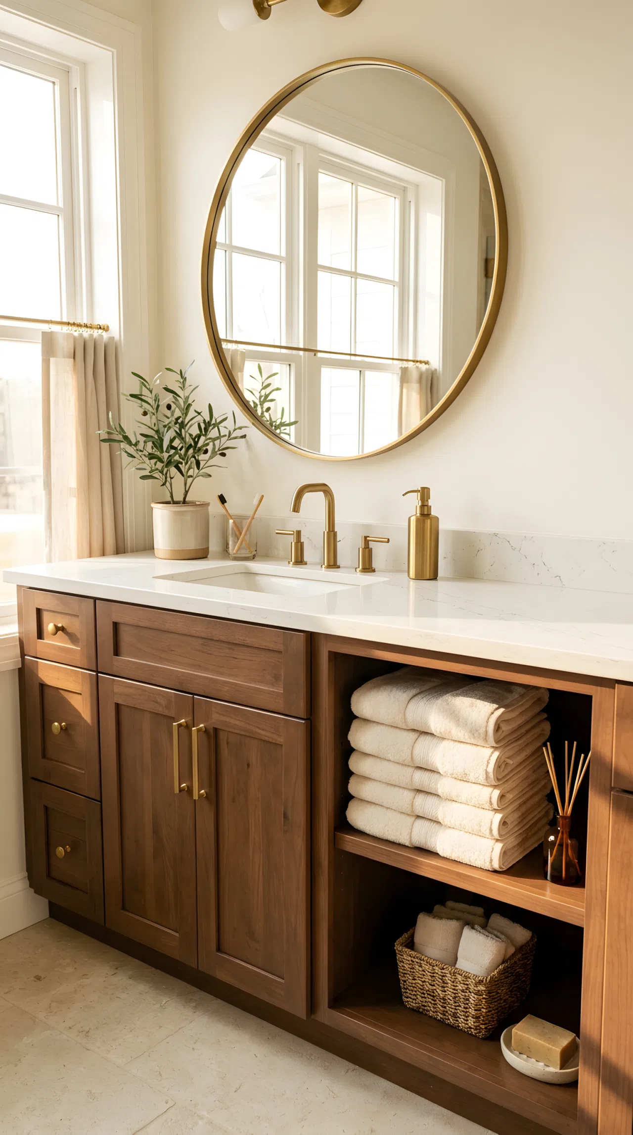 Real-life bathroom with mocha brown cabinetry (RGB 111,78,55), white cream countertop, simple brass cabinet pulls, neatly folded cream towels beautifully arranged on an open shelf, bright natural light casting a warm glow across the cabinetry, clean organized styling, photography style, vibrant warm tones.