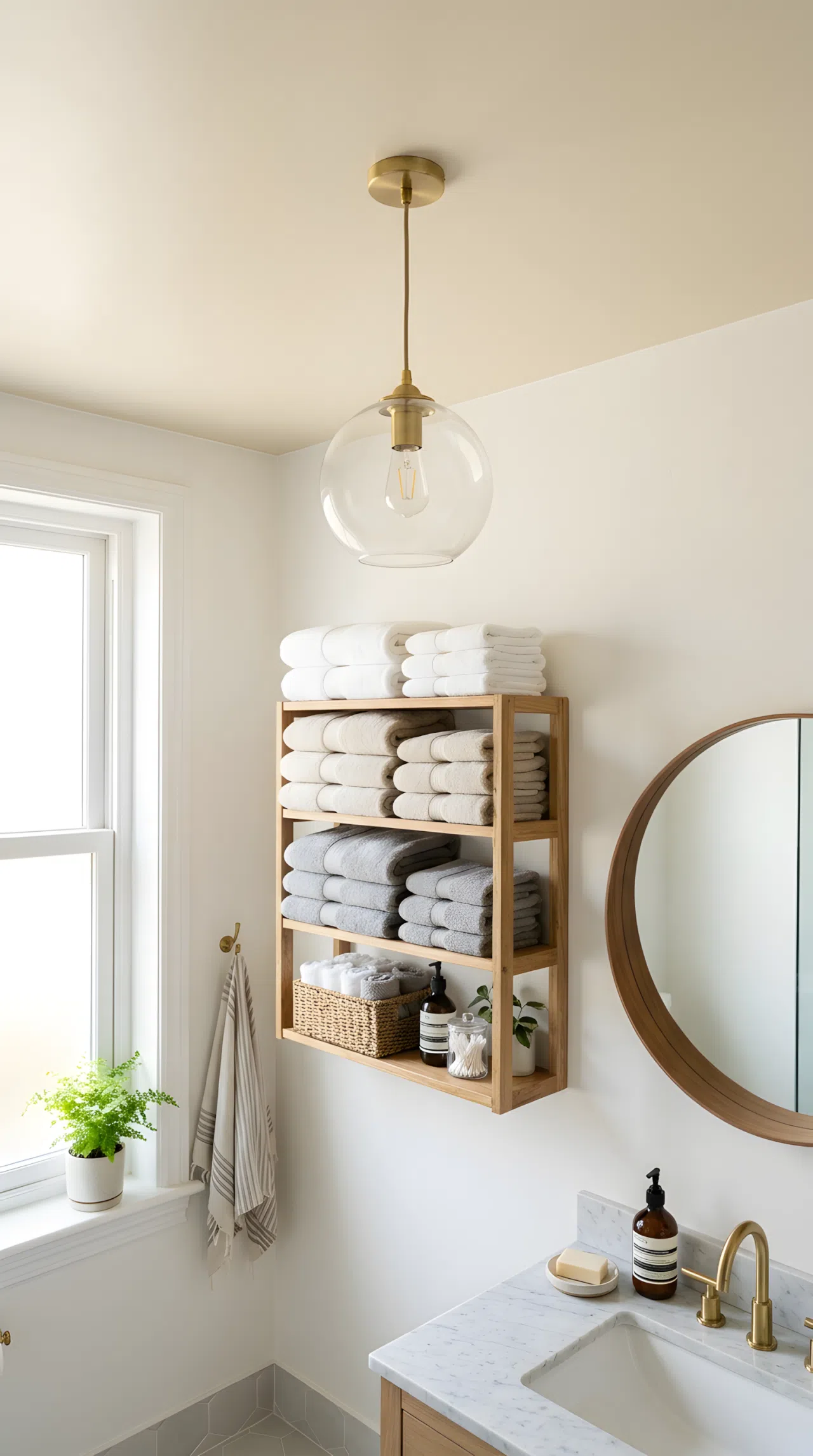 Real-life bathroom with a warm ivory painted ceiling (RGB 240,232,214), warm white walls, simple pendant light fixture, neatly arranged towels on an open shelf below, bright natural light bouncing softly off the ceiling to show its warm undertone, clean and beautifully arranged, photography style.