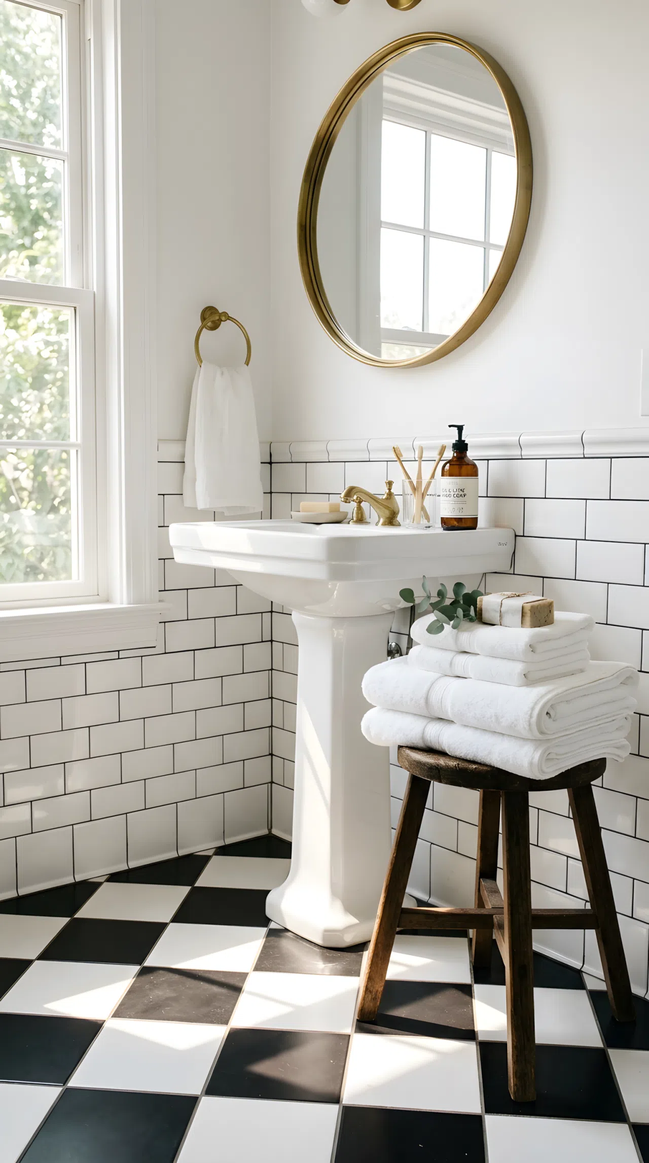 Real-life bathroom with black and white checkerboard tile floor, white pedestal sink, round brass mirror, neatly folded white towels beautifully arranged on a small stool, bright natural light streaming across the floor pattern, clean organized styling, photography style, high contrast.