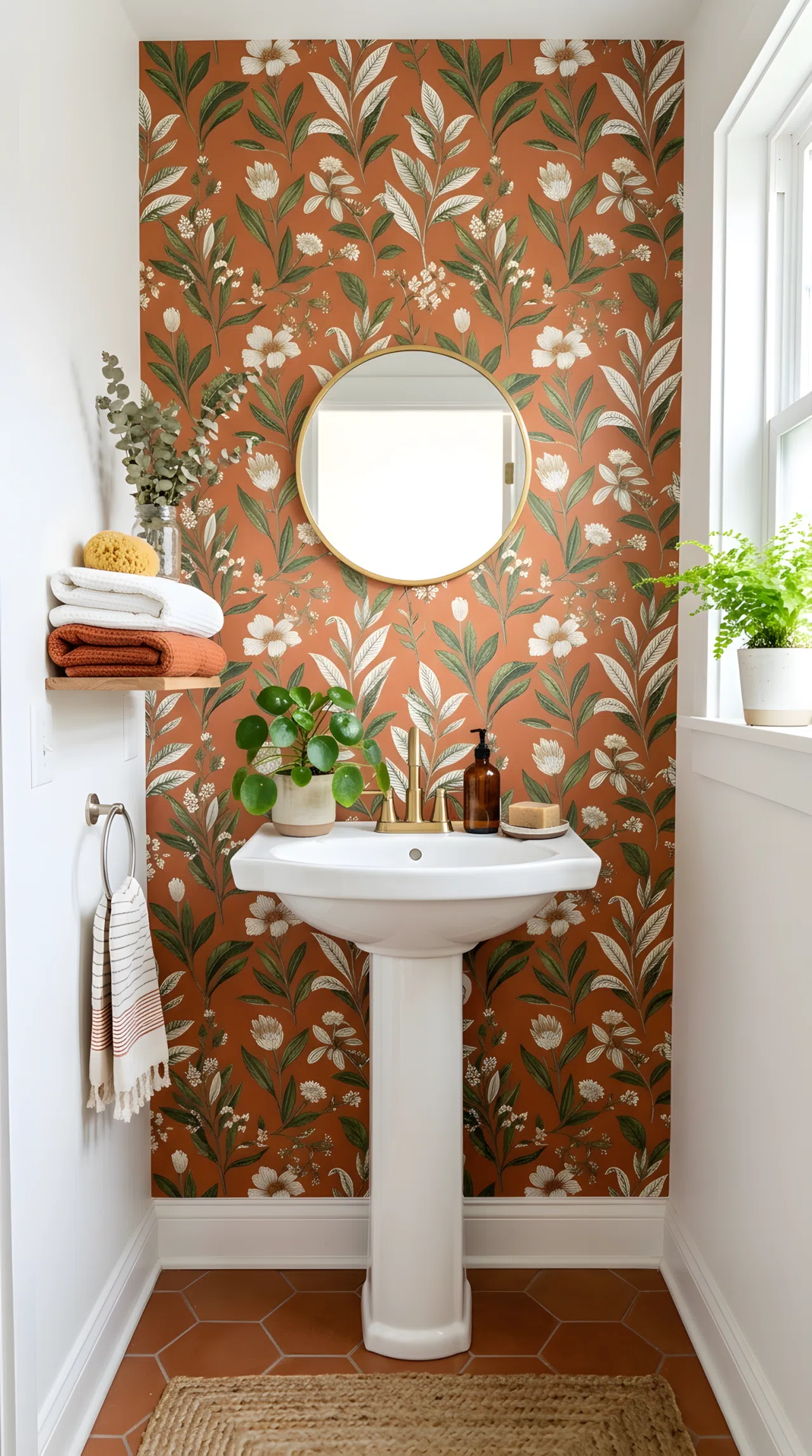 Real-life bathroom with terracotta botanical print peel-and-stick wallpaper (RGB 200,120,85) on one wall, white pedestal sink, small round mirror, neatly arranged plant and towels, bright natural light highlighting the wallpaper pattern, clean and beautifully arranged, photography style, vibrant print colors.