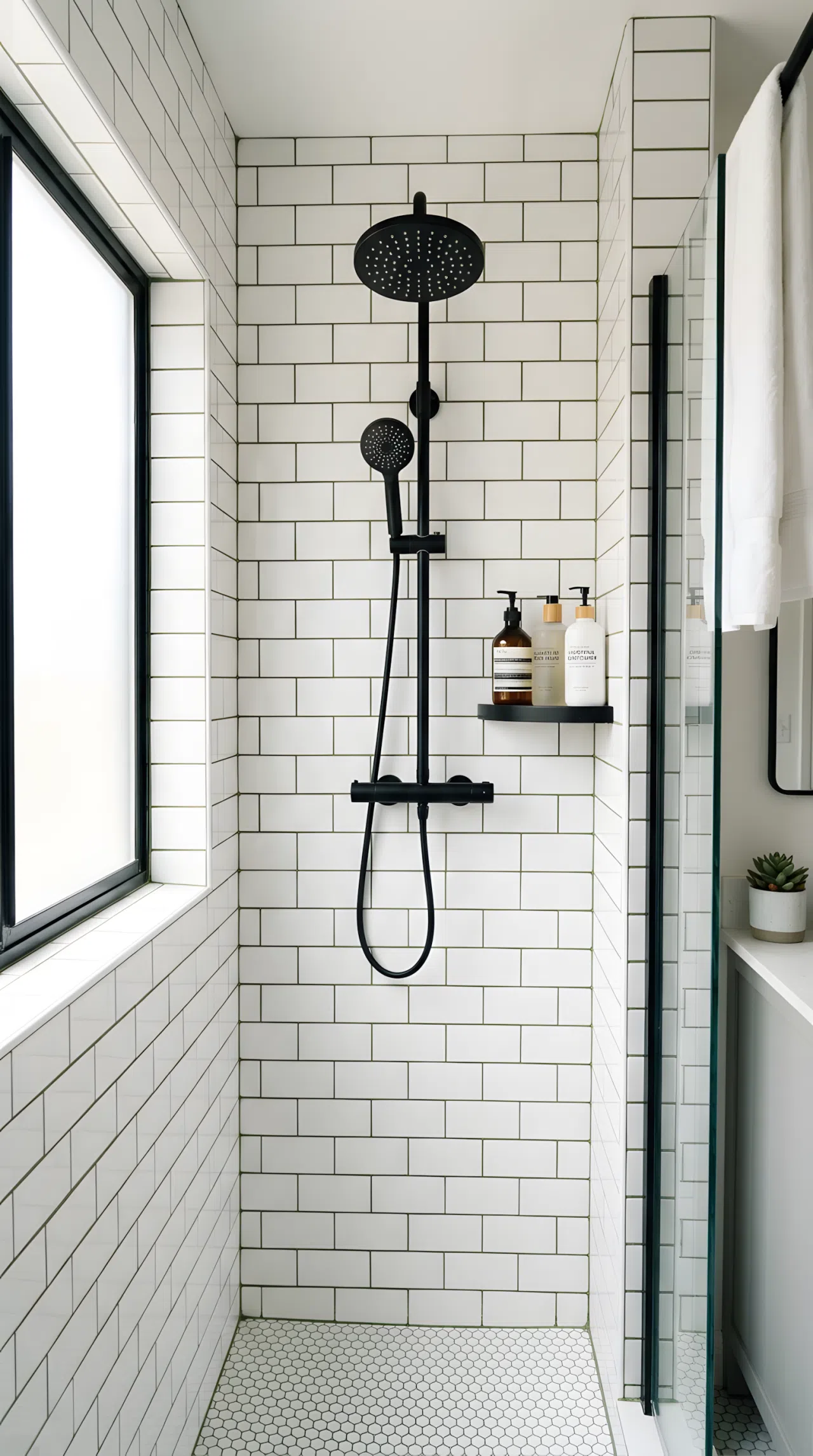 Real-life bathroom shower with white subway tile and olive green grout lines (RGB 107,124,74), matte black showerhead, neatly arranged bottles on a small shelf, bright natural light emphasizing the grout contrast against the white tile, clean organized styling, photography style.