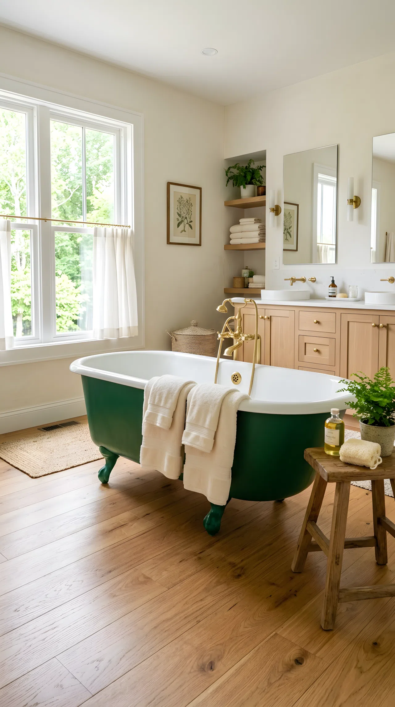 Real-life primary bathroom with a freestanding tub painted deep emerald green (RGB 25,73,54), warm wood flooring, soft neutral walls, neatly folded towels draped beautifully over the tub edge, bright natural light casting a soft glow across the emerald exterior, clean organized styling, photography style, vibrant color.
