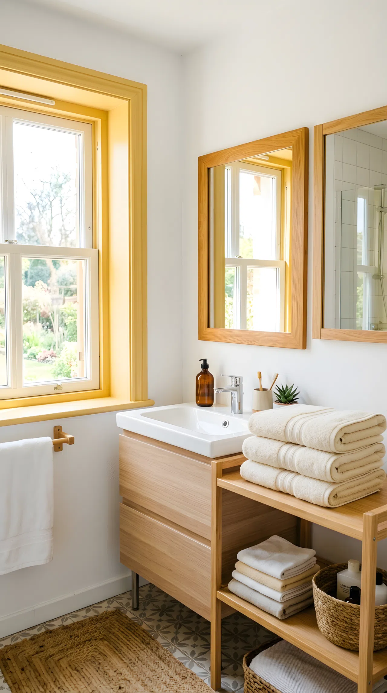 Real-life bathroom with butter yellow painted window trim (RGB 235,204,120), white walls, wood-framed mirror, neatly arranged towels beautifully folded on an open shelf, bright natural light streaming through the window and highlighting the yellow trim, clean organized styling, photography style, vibrant warm tones.