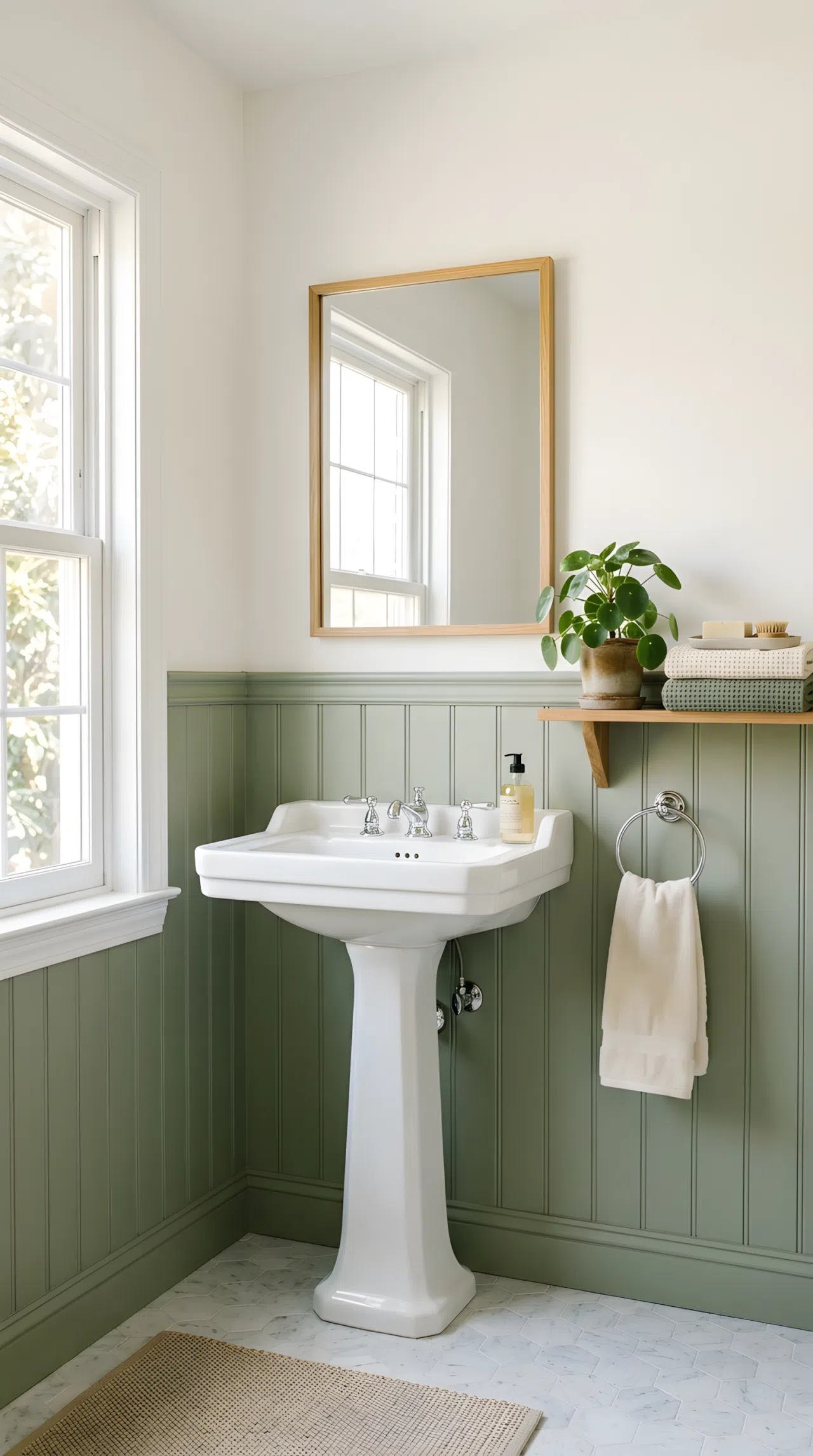Real-life bathroom with sage green wainscoting (RGB 138,152,116) on lower wall and warm white paint above, white pedestal sink, simple mirror, neatly arranged towels and plant beautifully styled on a small shelf, bright natural light emphasizing the two-tone wall division, clean organized styling, photography style.