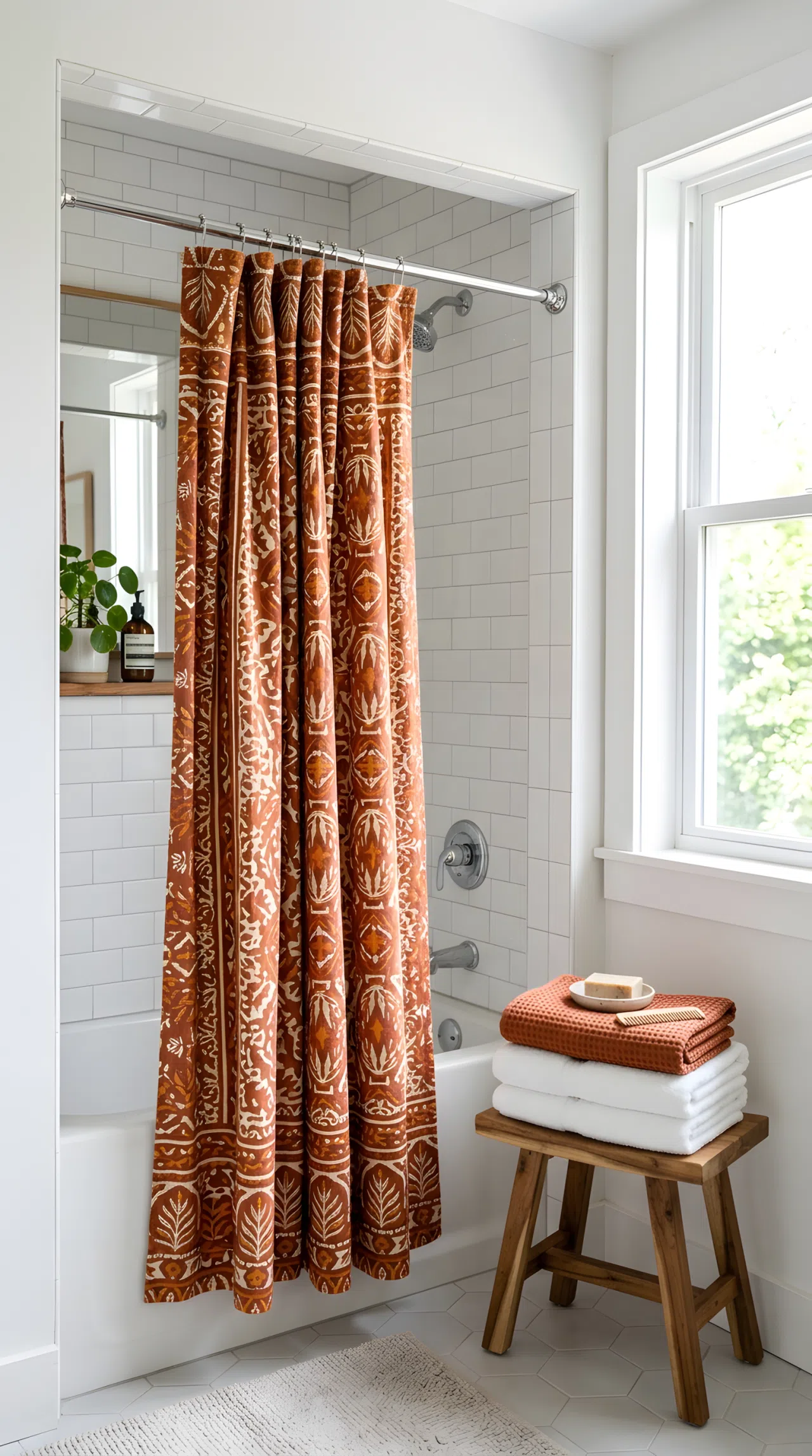 Real-life bathroom with a rust terracotta patterned shower curtain (RGB 178,95,64), white subway tile, chrome shower rod, neatly folded towels beautifully arranged on a nearby stool, bright natural light illuminating the curtain pattern, clean organized styling, photography style, vibrant print.