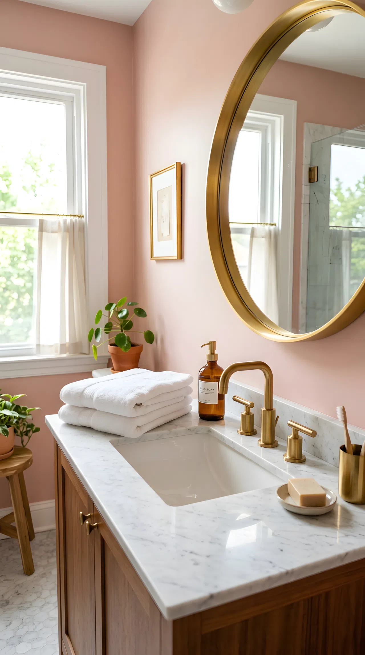 Real-life bathroom with blush pink painted walls (RGB 232,192,187), warm brass faucet and mirror frame, white marble countertop, neatly arranged towels beautifully folded beside the sink, bright natural light reflecting softly off the brass fixtures, clean organized styling, photography style, vibrant soft tones.