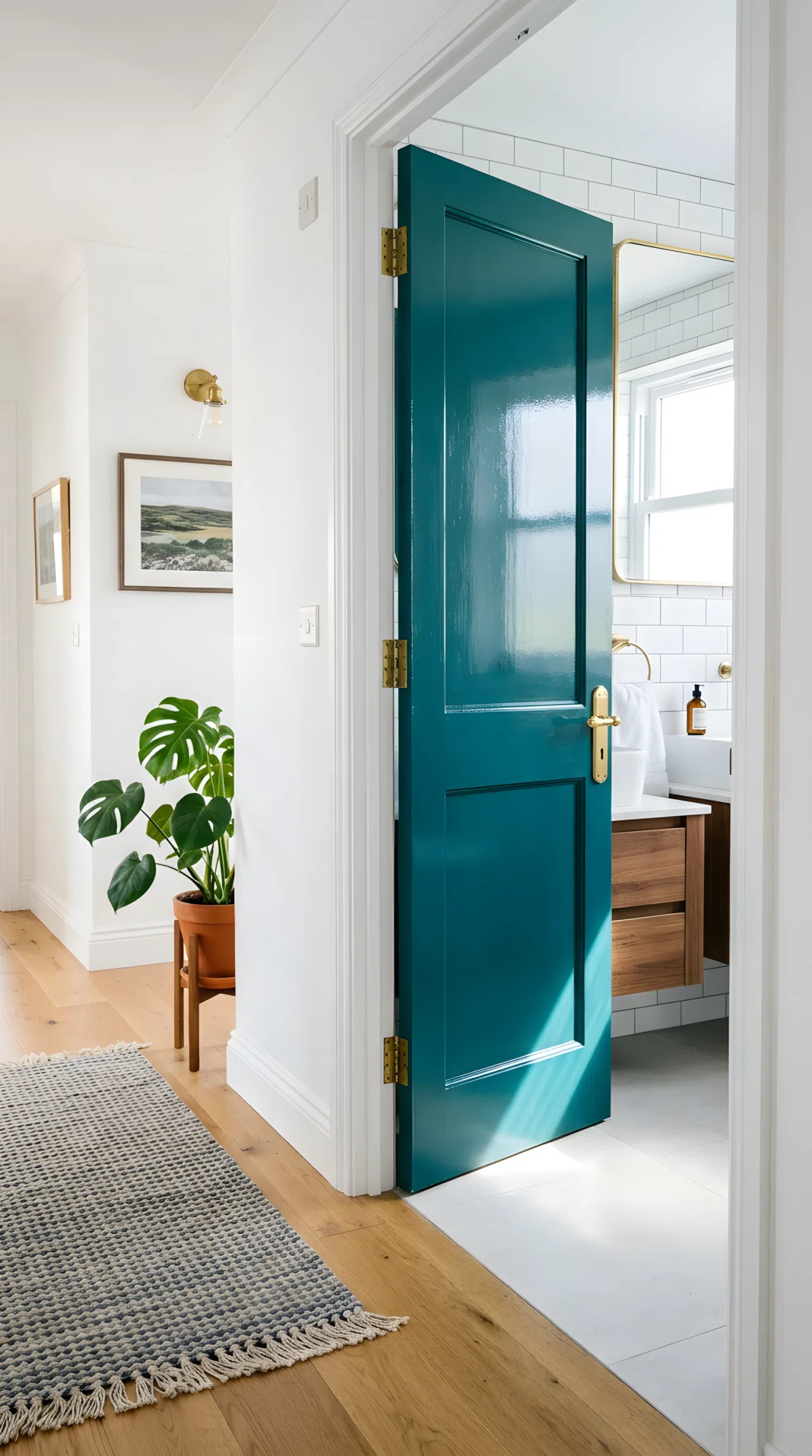 Real-life bathroom with a deep teal painted interior door (RGB 26,77,79), white hallway walls, brass door handle, neatly arranged entry rug and small plant beside the doorway, bright natural light catching the glossy teal door finish, clean organized styling, photography style, vibrant color.