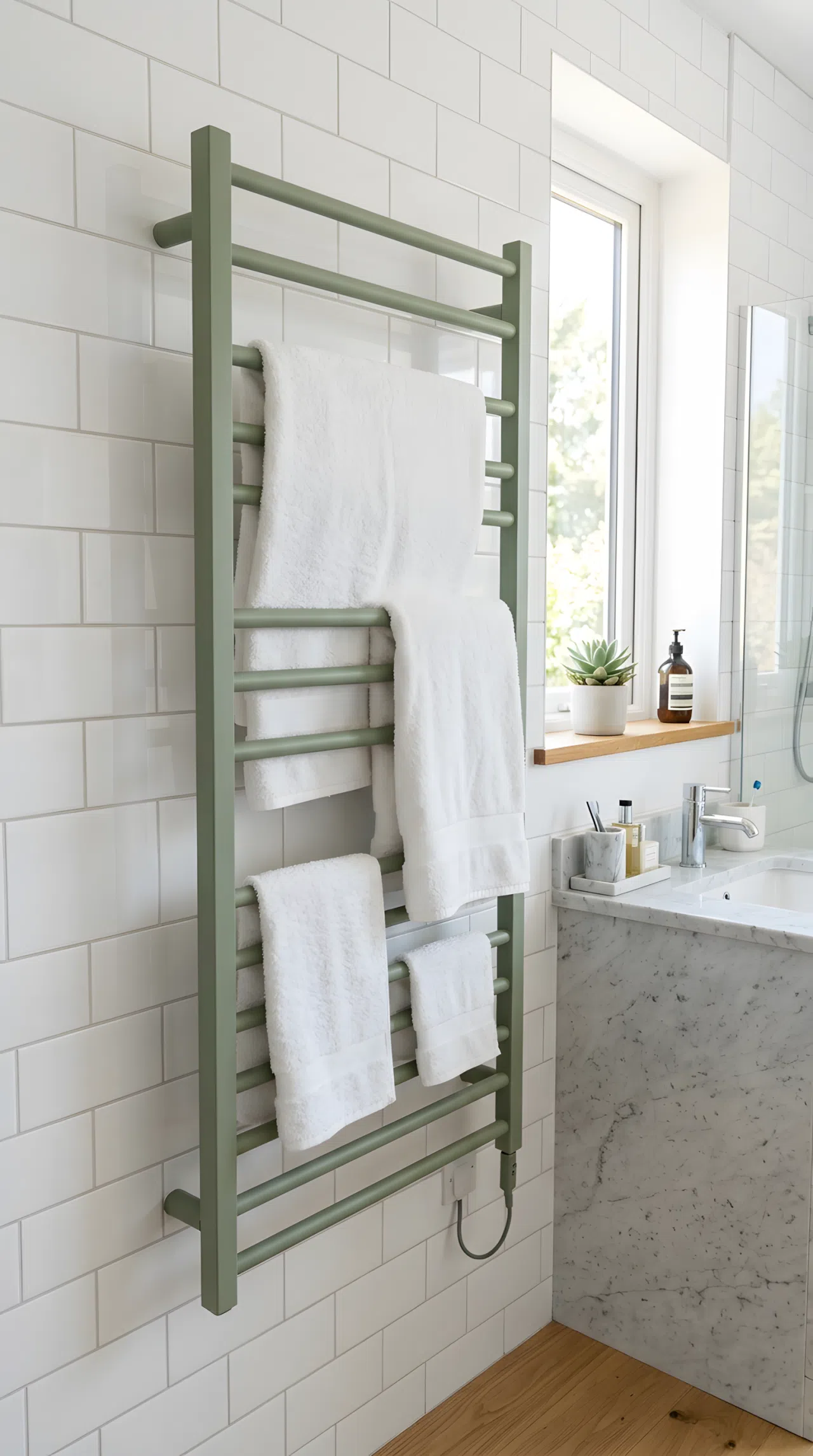 Real-life bathroom with a sage green heated towel warmer (RGB 150,168,132), white tile wall, neatly folded fluffy white towels draped beautifully across the rail, bright natural light catching the warmer's matte finish, clean organized styling, photography style, vibrant tone.
