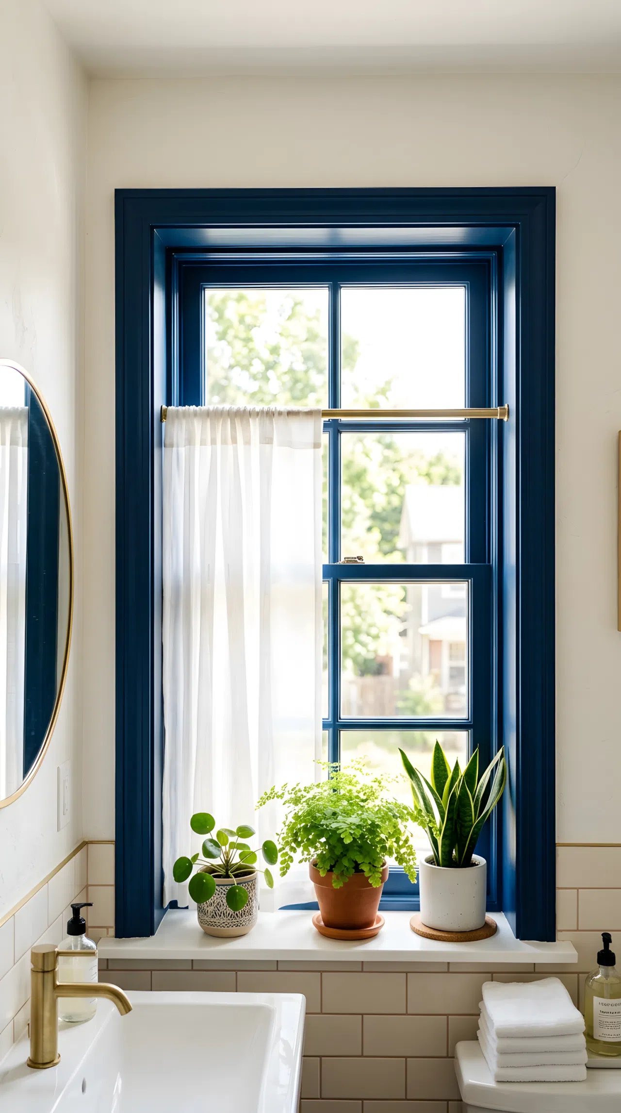 Real-life bathroom with a navy blue painted window frame (RGB 30,48,72), warm white wall, sheer white curtain, neatly arranged plant on the windowsill, bright natural light pouring directly through the window and illuminating the frame's crisp edge, clean organized styling, photography style.