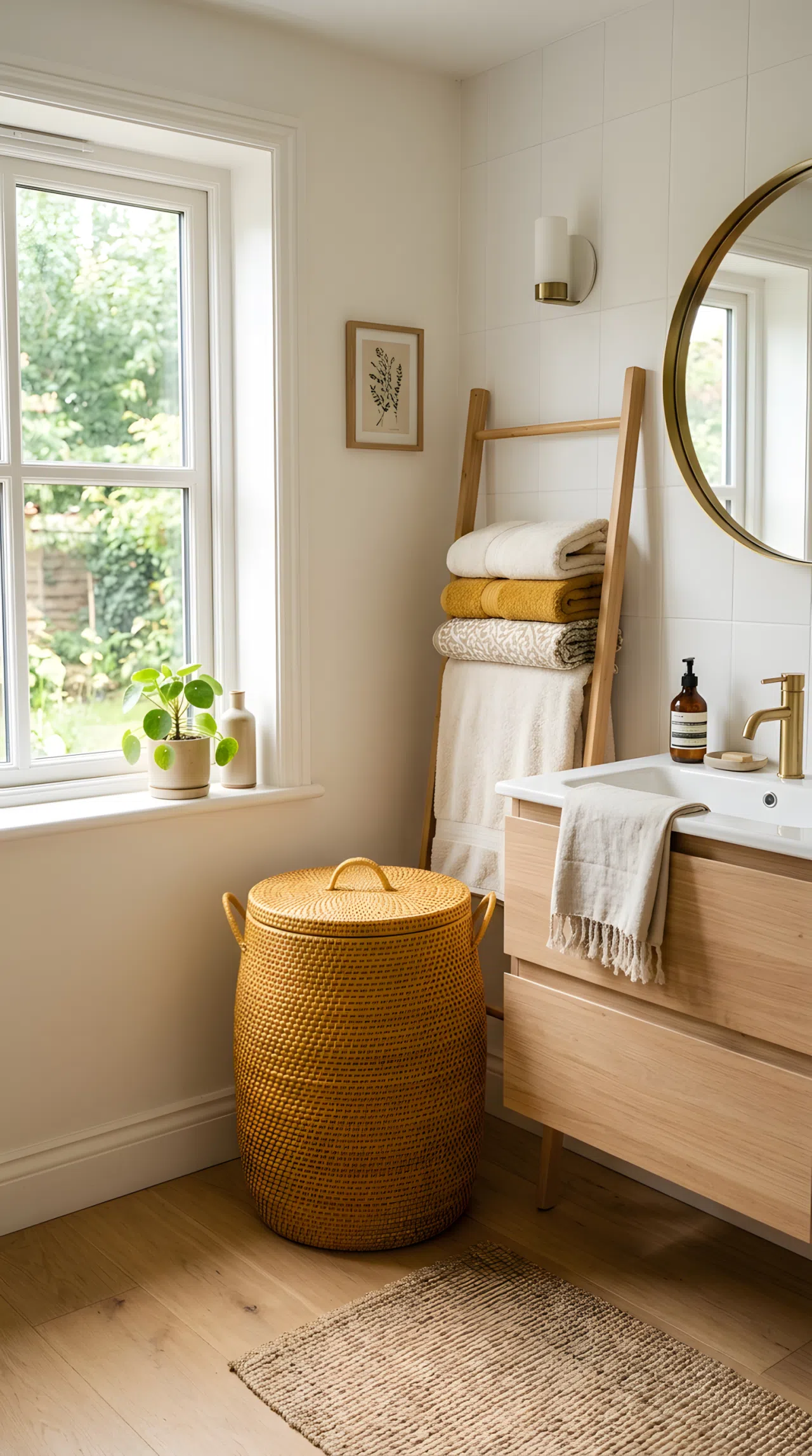 Real-life bathroom with a woven ochre yellow hamper (RGB 199,161,79), warm white walls, light wood vanity, neatly folded towels beautifully arranged nearby, bright natural light casting soft shadows across the woven texture, clean organized styling, photography style, vibrant warm tone.