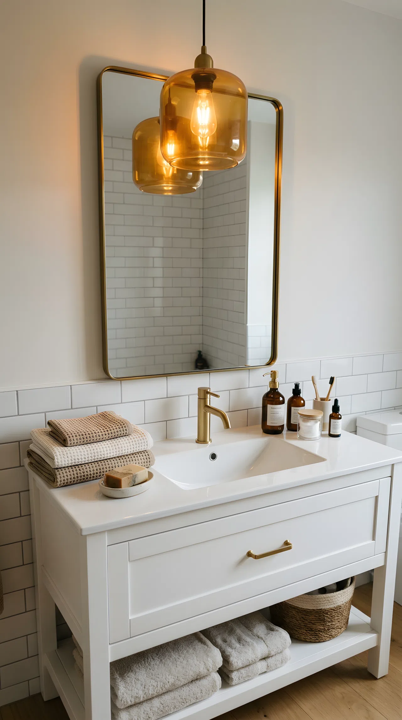 Real-life bathroom with an amber glass pendant light (RGB 196,120,40) hung directly above a white vanity, brass faucet, neatly arranged towels and toiletries beautifully styled below, warm amber light glowing downward across the mirror and counter creating soft ambient pools of light, clean organized styling, photography style.