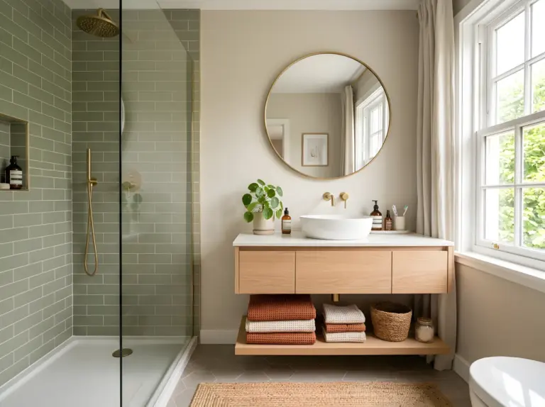 Real-life bathroom interior showcasing a mix of warm bathroom color ideas, sage green tile shower wall (RGB 158,169,133) next to a warm neutral greige wall (RGB 232,223,211), light wood vanity with brass faucet, neatly folded terracotta and cream towels beautifully arranged on an open shelf, small potted plant, round mirror reflecting soft light, neatly made and organized styling throughout, bright natural light streaming through a window and highlighting the color contrast across surfaces, photography style, stock photo look, vibrant yet warm color palette, Pinterest-ready aesthetic, no text overlay.