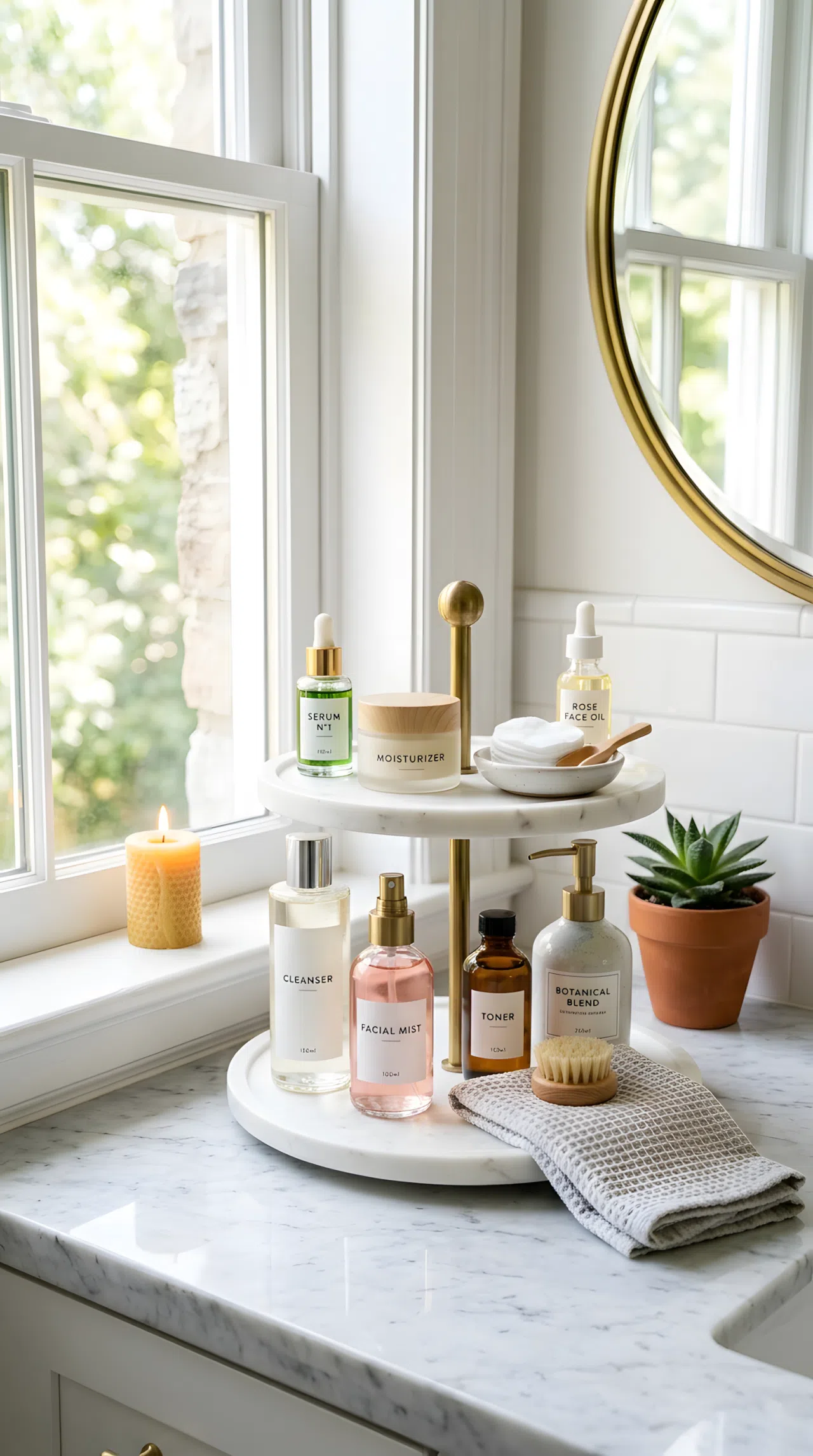 A tiered white marble tray on a bathroom counter neatly arranged with skincare bottles and a small soap pump, beautifully arranged, organized, clean, bright natural light streaming through a nearby window, real-life photography, vibrant colors, Pinterest-ready styling
