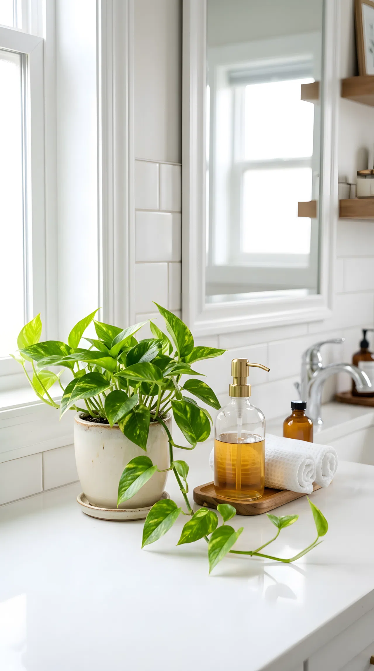A trailing pothos plant in a small ceramic pot sitting on a bathroom counter next to a glass soap dispenser, neatly arranged, organized, clean, bright natural light, vibrant green leaves, real-life photography, Pinterest-ready