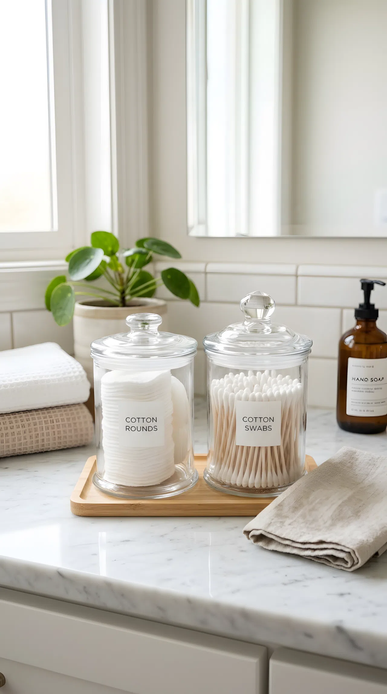 Two clear glass apothecary jars filled with cotton rounds and cotton swabs neatly arranged on a bathroom counter, beautifully arranged, organized, clean, bright natural light, vibrant white and beige tones, real-life photography, Pinterest-ready