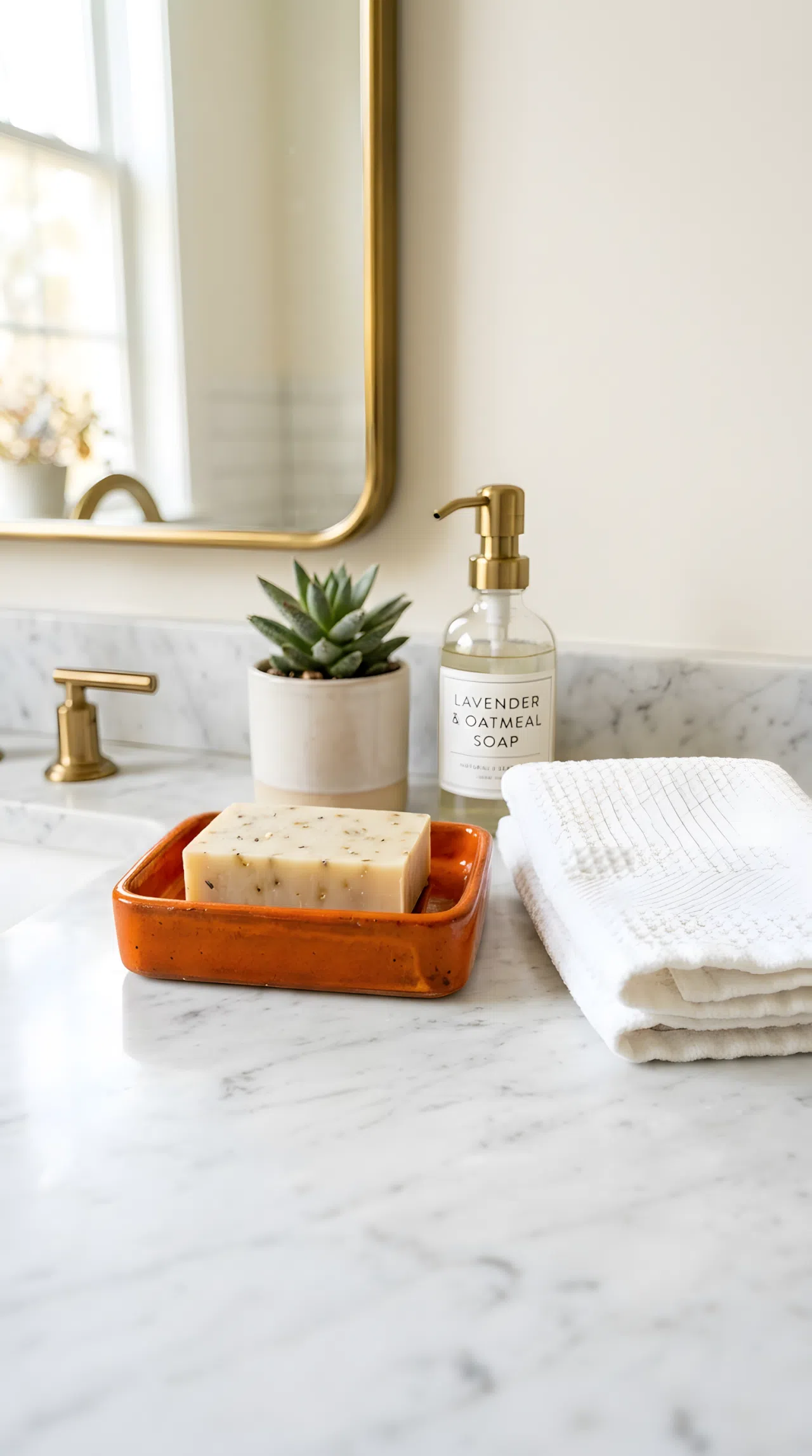 A vibrant terracotta orange (RGB 204,85,0) ceramic soap dish sitting on a light-colored bathroom counter next to a white hand towel, beautifully arranged, organized, clean, bright natural light, vibrant colors, real-life photography, Pinterest-ready