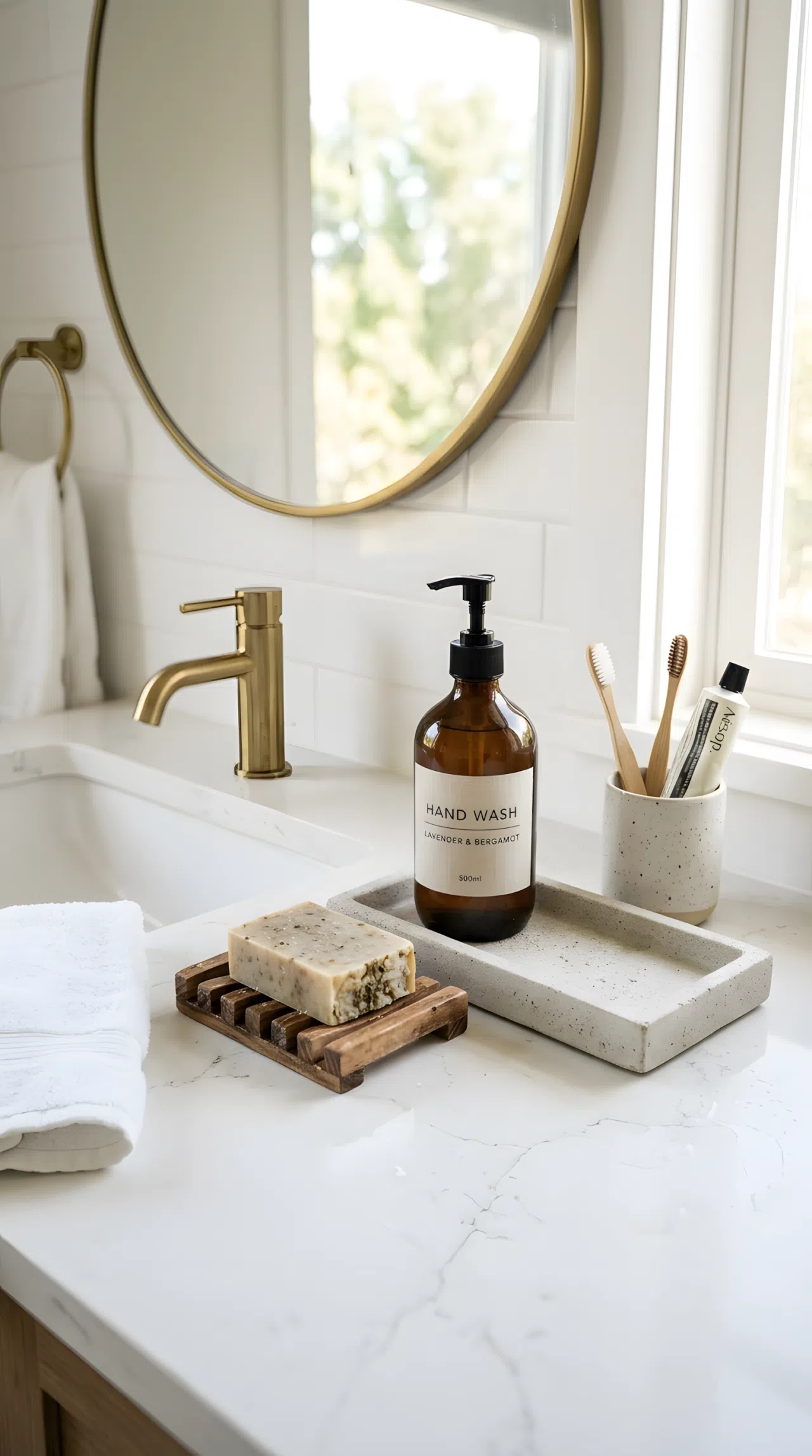 A wooden soap dish next to a light gray stone tray holding a soap bottle on a bathroom counter, neatly made, beautifully arranged, organized, clean, bright natural light, vibrant natural tones, real-life photography, Pinterest-ready