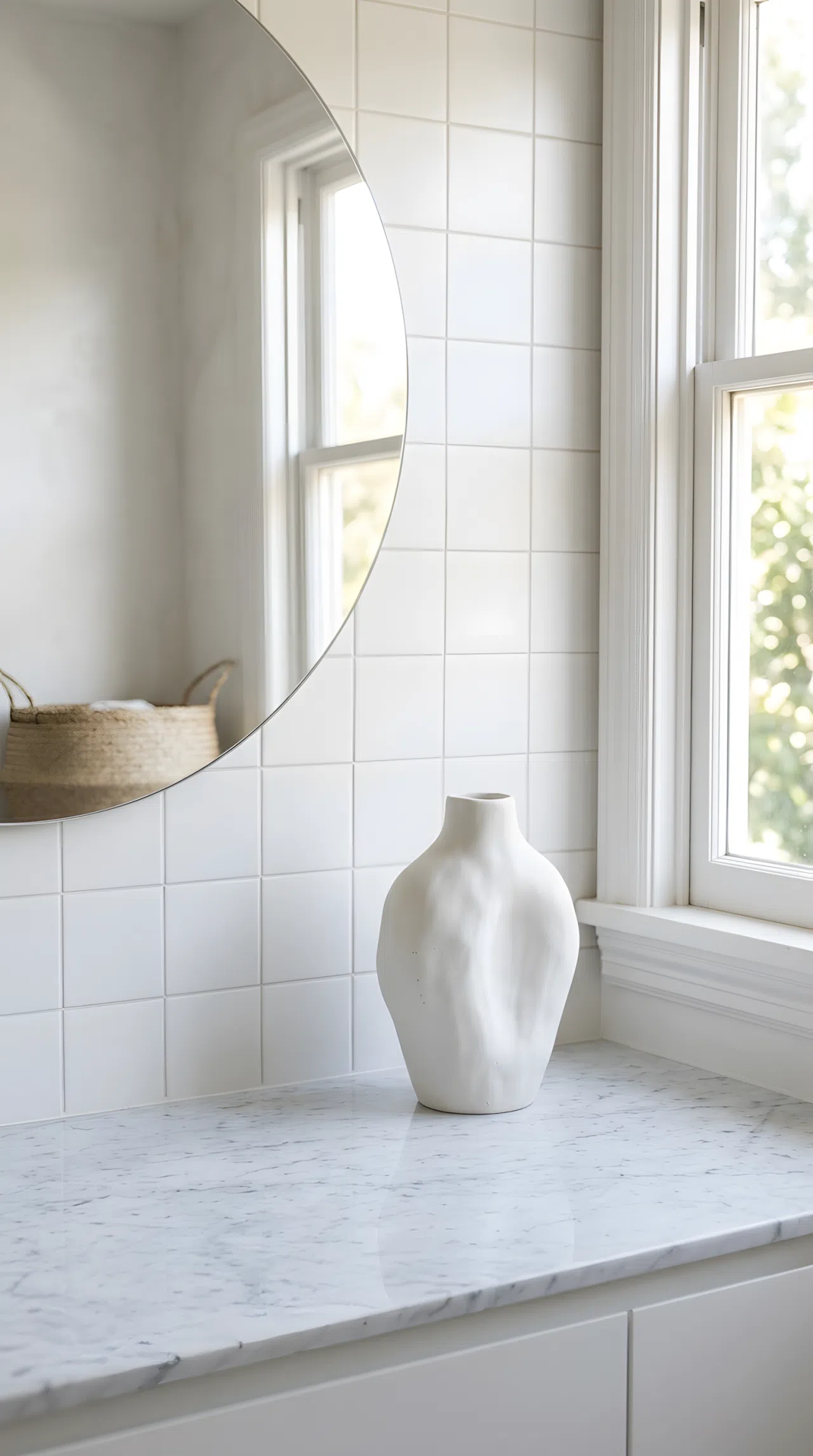 A single matte white ceramic sculptural vase sitting alone on a clean bathroom counter, neatly arranged, organized, clean, bright natural light, minimal styling, real-life photography, Pinterest-ready