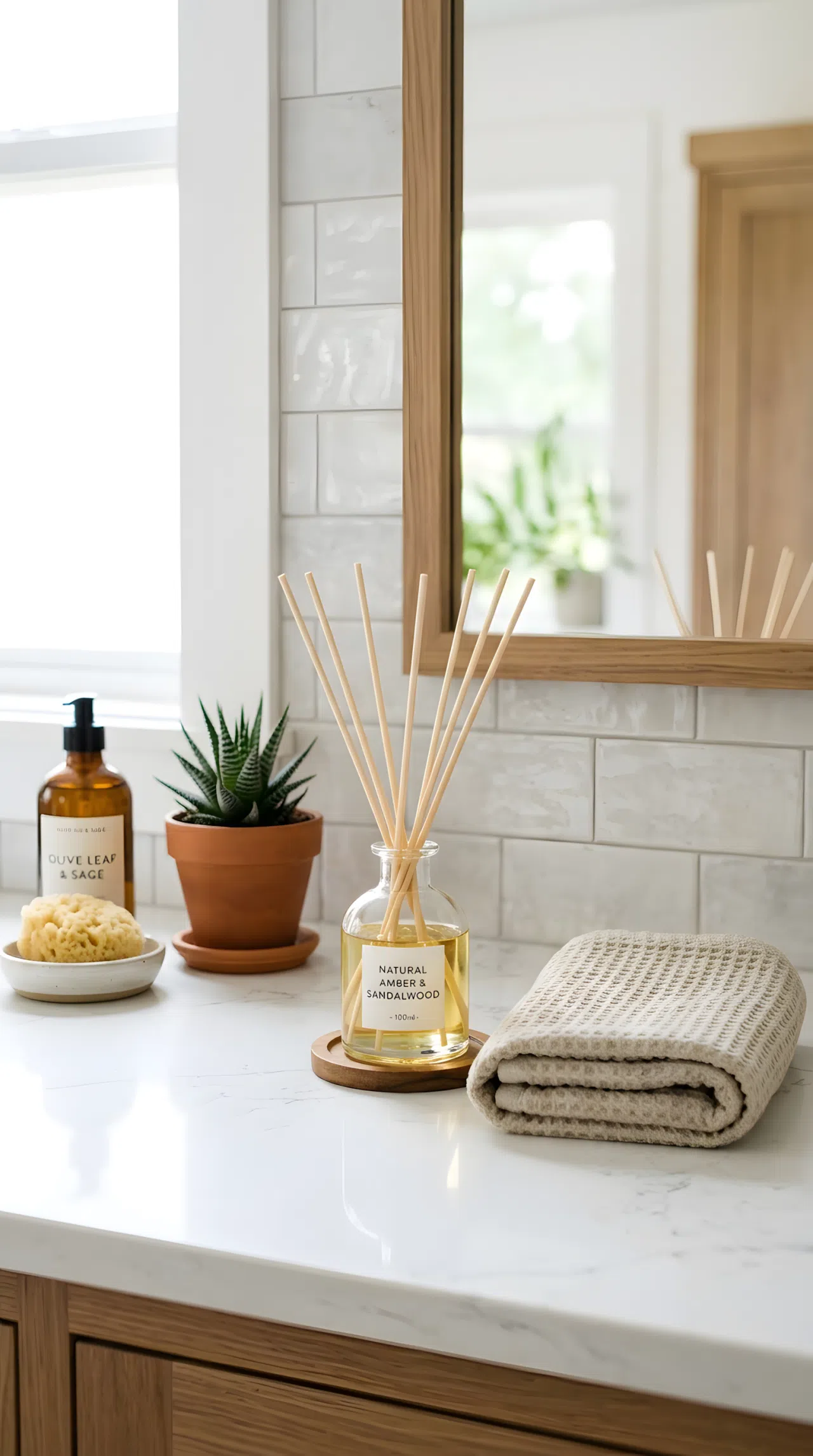 A glass reed diffuser with wooden sticks sitting on a bathroom counter next to a folded hand towel, beautifully arranged, organized, clean, bright natural light, vibrant natural tones, real-life photography, Pinterest-ready