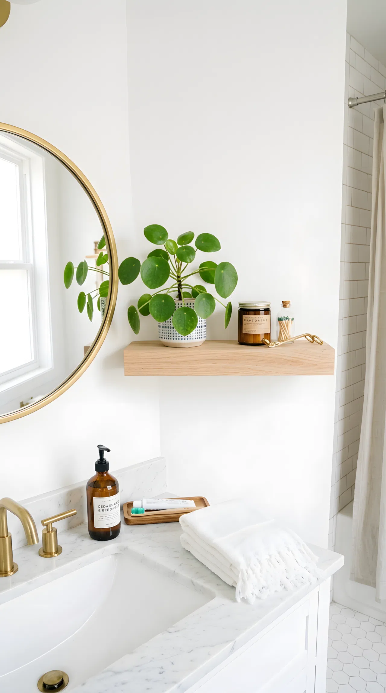 A slim wooden wall-mounted shelf above a small bathroom counter holding a candle and a small plant, neatly arranged, organized, clean, bright natural light, vibrant tones, real-life photography, Pinterest-ready