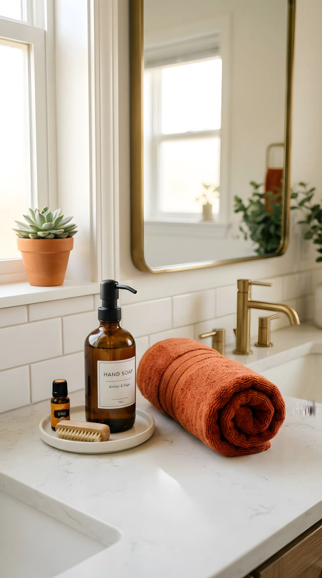 A rolled terracotta orange hand towel sitting neatly on a bathroom counter beside a soap dispenser, beautifully arranged, organized, clean, bright natural light, vibrant warm tones, real-life photography, Pinterest-ready