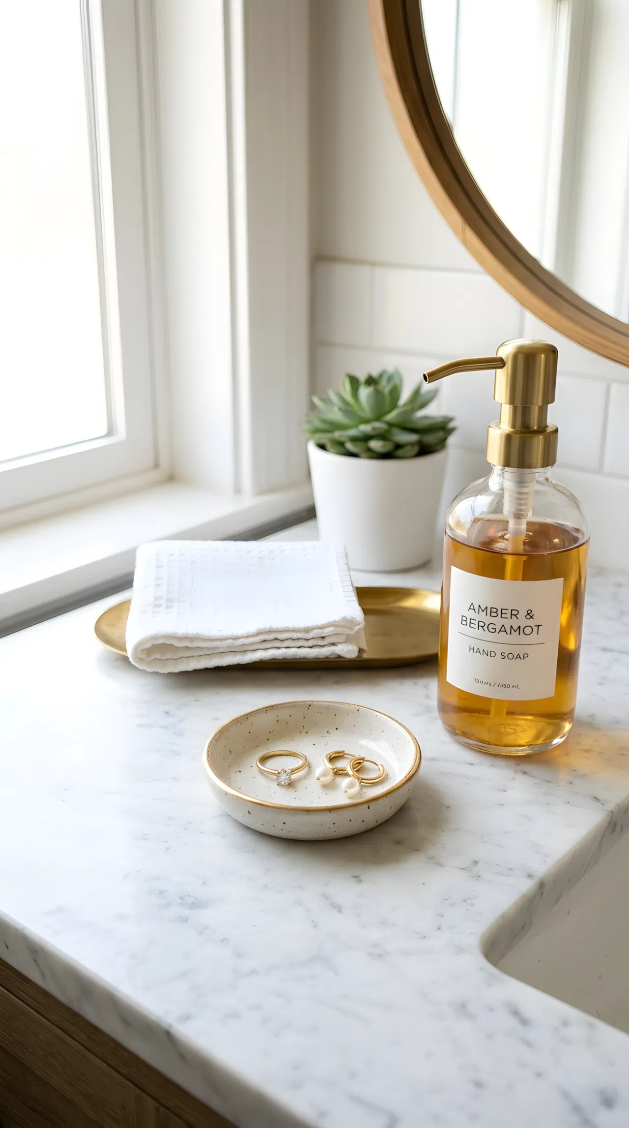 A tiny ceramic catchall dish holding a ring and earrings sitting on a bathroom counter next to a soap pump, neatly arranged, organized, clean, bright natural light, vibrant tones, real-life photography, Pinterest-ready