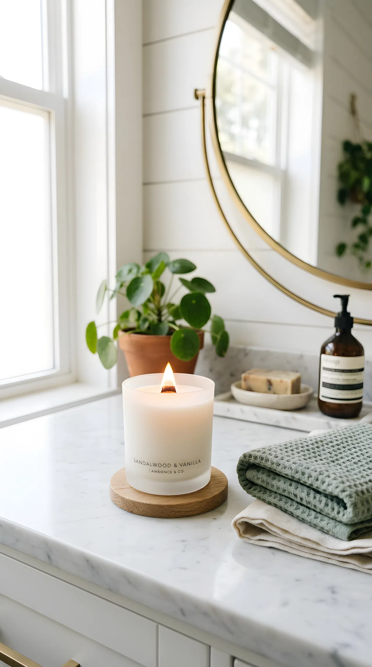 A lit matte glass candle with a soft flame sitting on a bathroom counter beside a folded towel, beautifully arranged, organized, clean, bright natural light, vibrant warm glow, real-life photography, Pinterest-ready