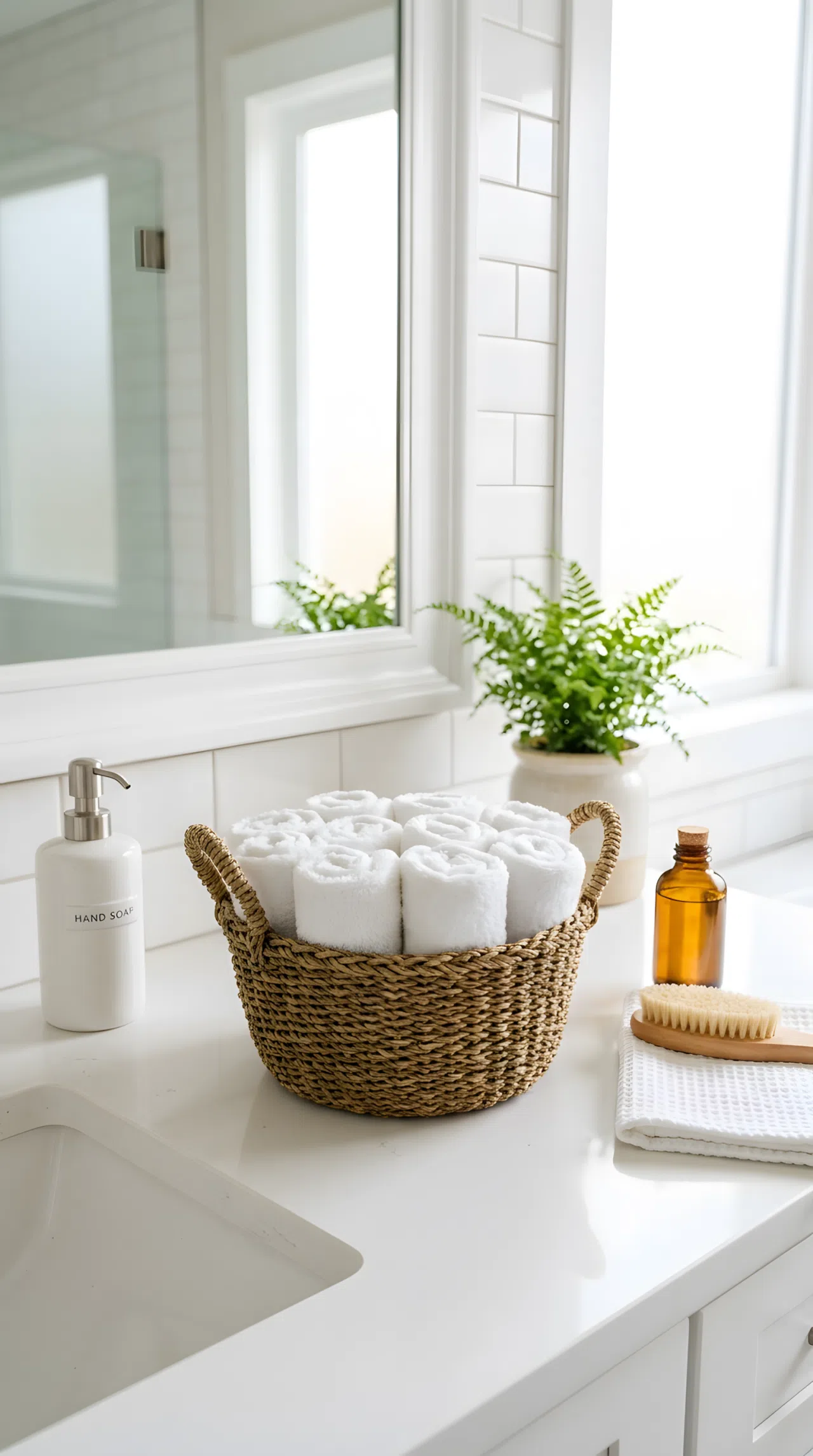 A small woven seagrass basket filled with rolled white washcloths sitting on a bathroom counter, neatly arranged, organized, clean, bright natural light, vibrant natural textures, real-life photography, Pinterest-ready