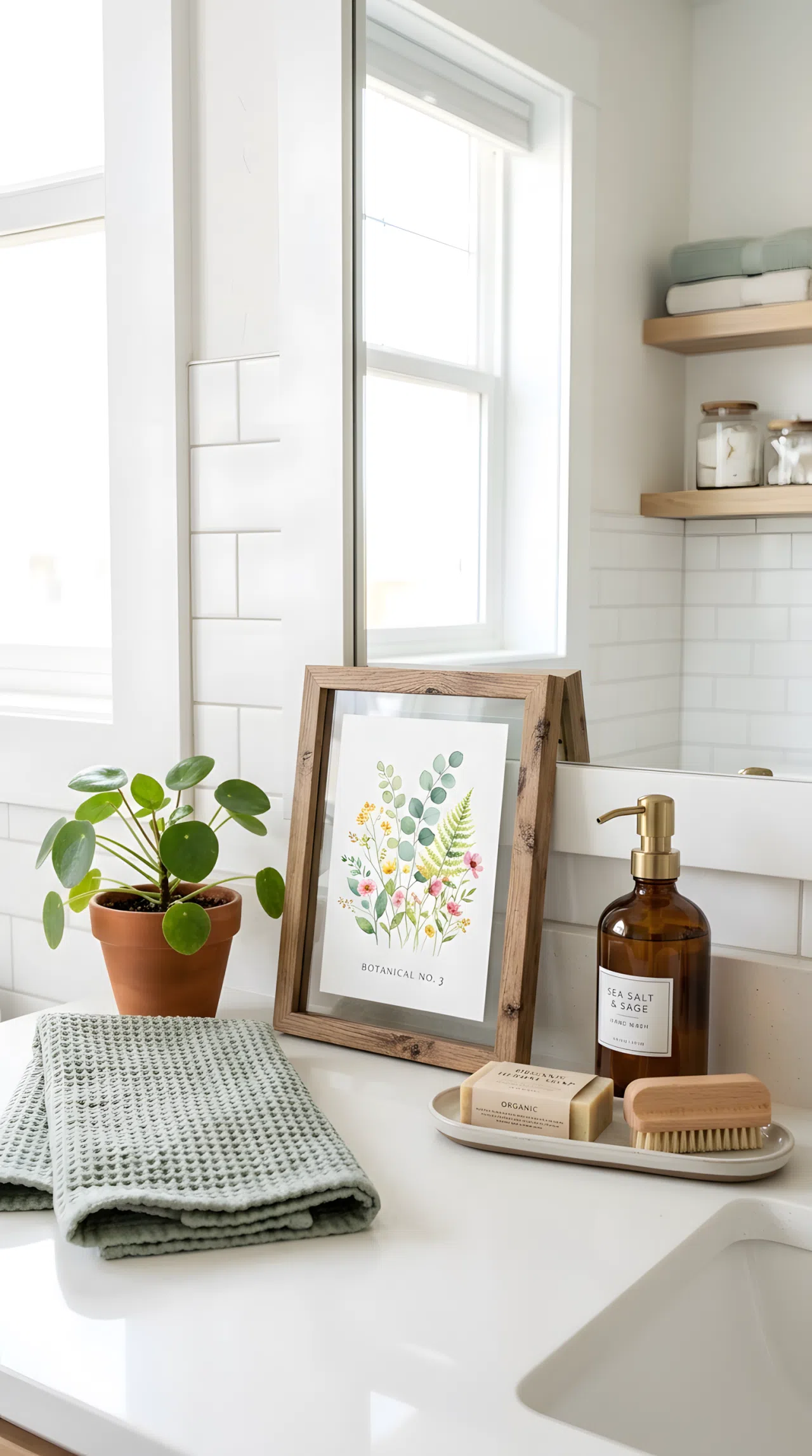 A small framed botanical art print leaning against a bathroom mirror on a counter beside a soap dispenser, neatly arranged, organized, clean, bright natural light, vibrant soft tones, real-life photography, Pinterest-ready