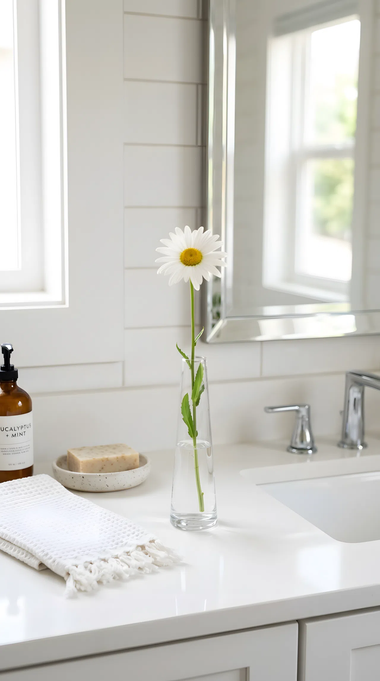 A slim glass bud vase with a single white daisy stem sitting on a bathroom counter, neatly arranged, organized, clean, bright natural light, vibrant green and white tones, real-life photography, Pinterest-ready