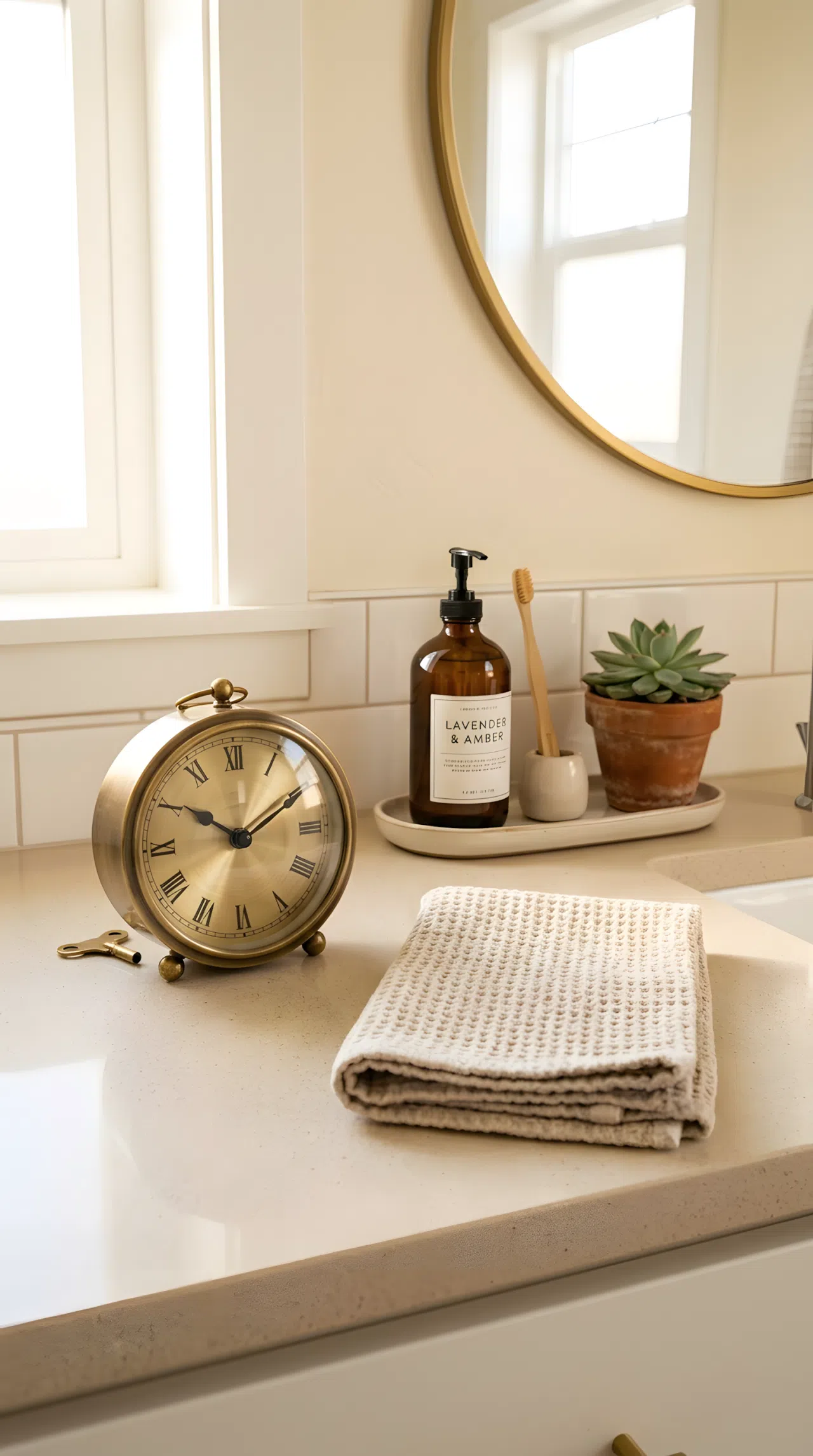 A small brushed brass vintage-style clock sitting on a bathroom counter next to a folded towel, neatly arranged, organized, clean, bright natural light, vibrant warm tones, real-life photography, Pinterest-ready