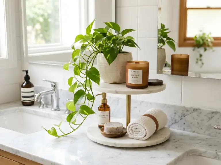 A styled bathroom counter with a tiered marble tray, a small trailing pothos in a ceramic pot, a matte glass candle, and a rolled white hand towel, all neatly arranged, beautifully arranged, organized, clean, bright natural light streaming across the counter, vibrant natural tones, real-life photography, Pinterest-ready styling