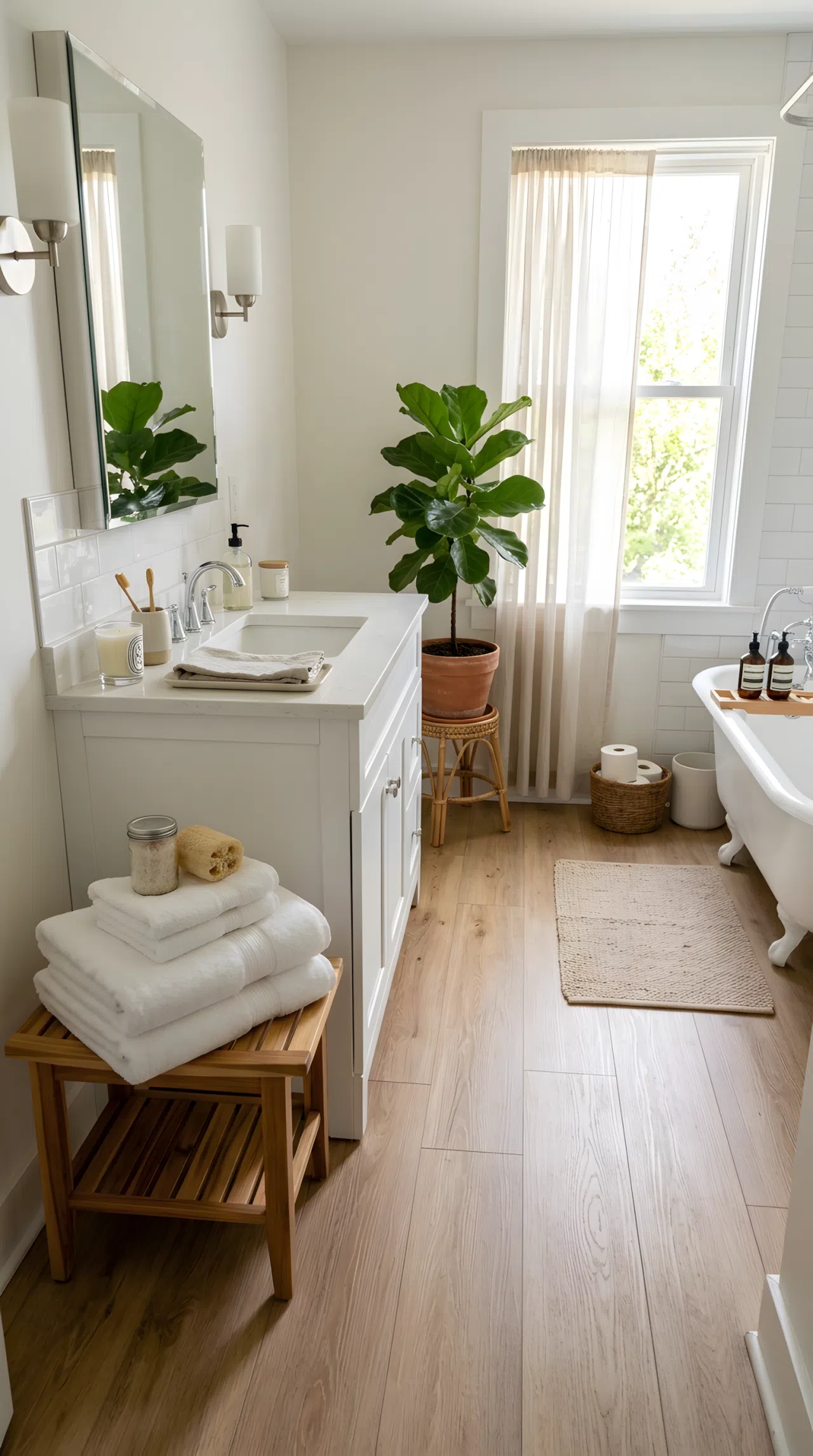 A softly lit real bathroom with light oak luxury vinyl plank flooring, neatly organized white vanity, beautifully arranged folded towels, bright natural light streaming through a sheer curtain, vibrant green potted plant in the corner, clean and tidy, photographic style, no people