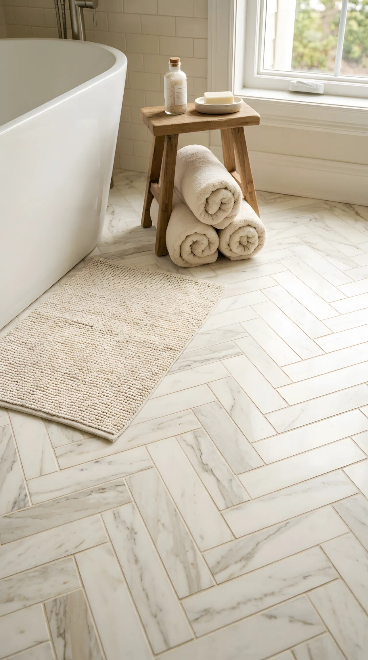 Close-up real-life photo of cream marble-look herringbone tile bathroom floor, RGB(245,240,230) cream marble tone, neatly arranged bath mat and rolled towels beside a freestanding tub, bright natural light from a nearby window, clean and organized, warm inviting tones, photographic realism