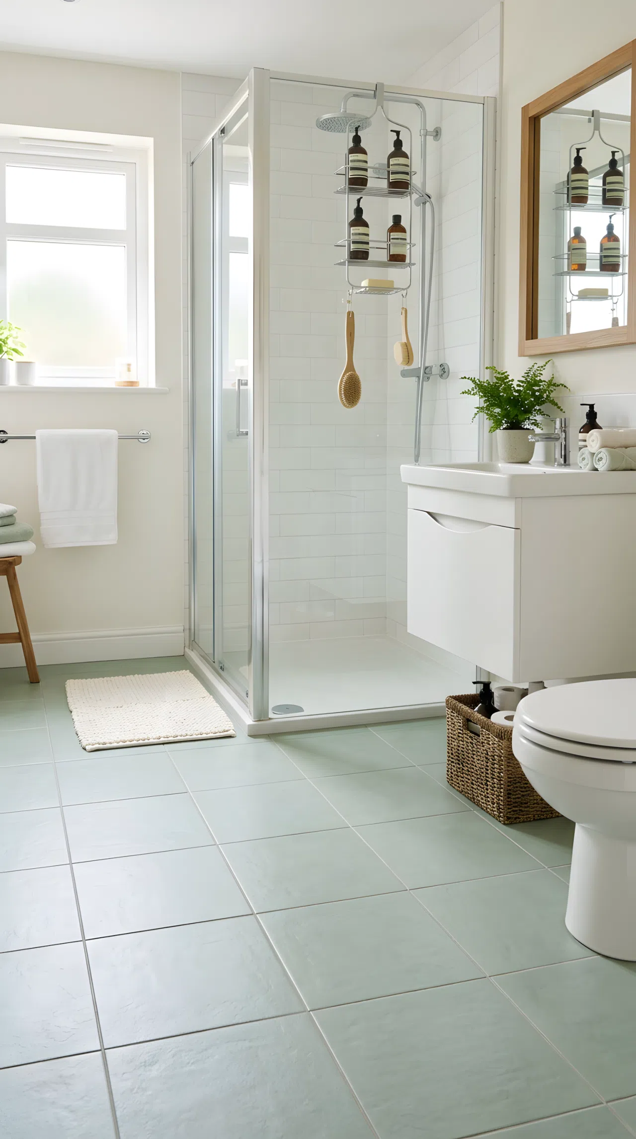 Real-life bathroom photo showing matte textured slip-resistant tile floor in soft pastel tone, neatly organized bath mat, beautifully arranged shower caddy, bright natural light, clean and tidy family bathroom, vibrant fresh colors, photographic style