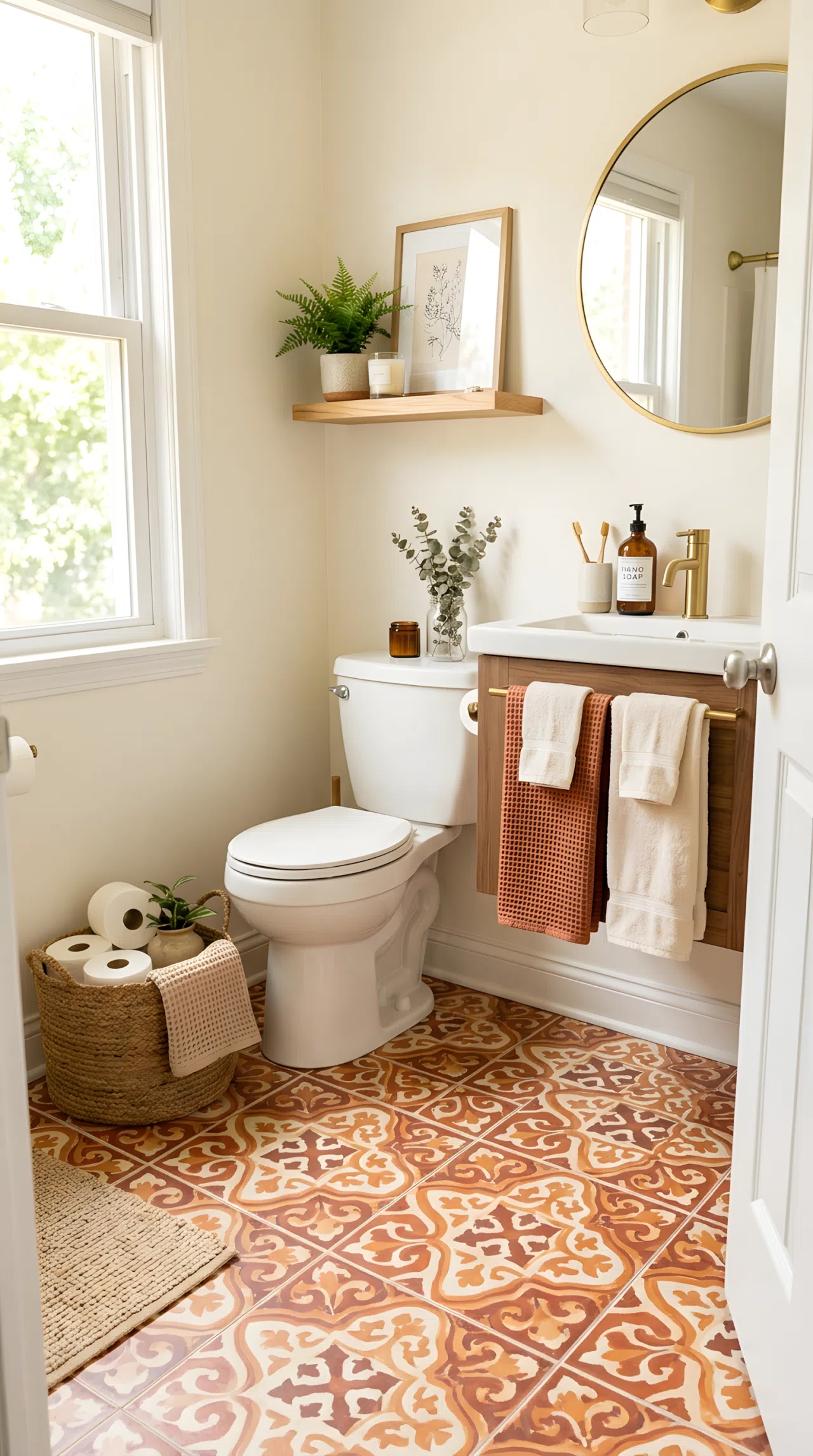 Real-life small bathroom with terracotta print peel-and-stick vinyl floor tile, neatly organized woven storage basket, beautifully arranged towels, bright natural light, clean and vibrant warm tones, DIY-friendly affordable makeover, photographic realism