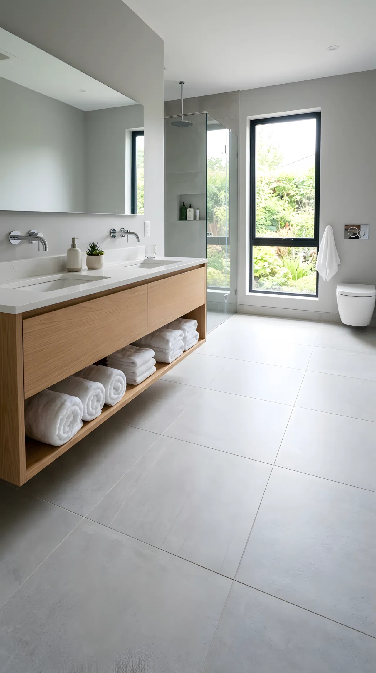 Real-life bathroom photo with large-format light gray porcelain floor tile, minimal grout lines, neatly organized floating vanity, beautifully arranged white towels, bright natural light, clean expansive feel, photographic realism, no people
