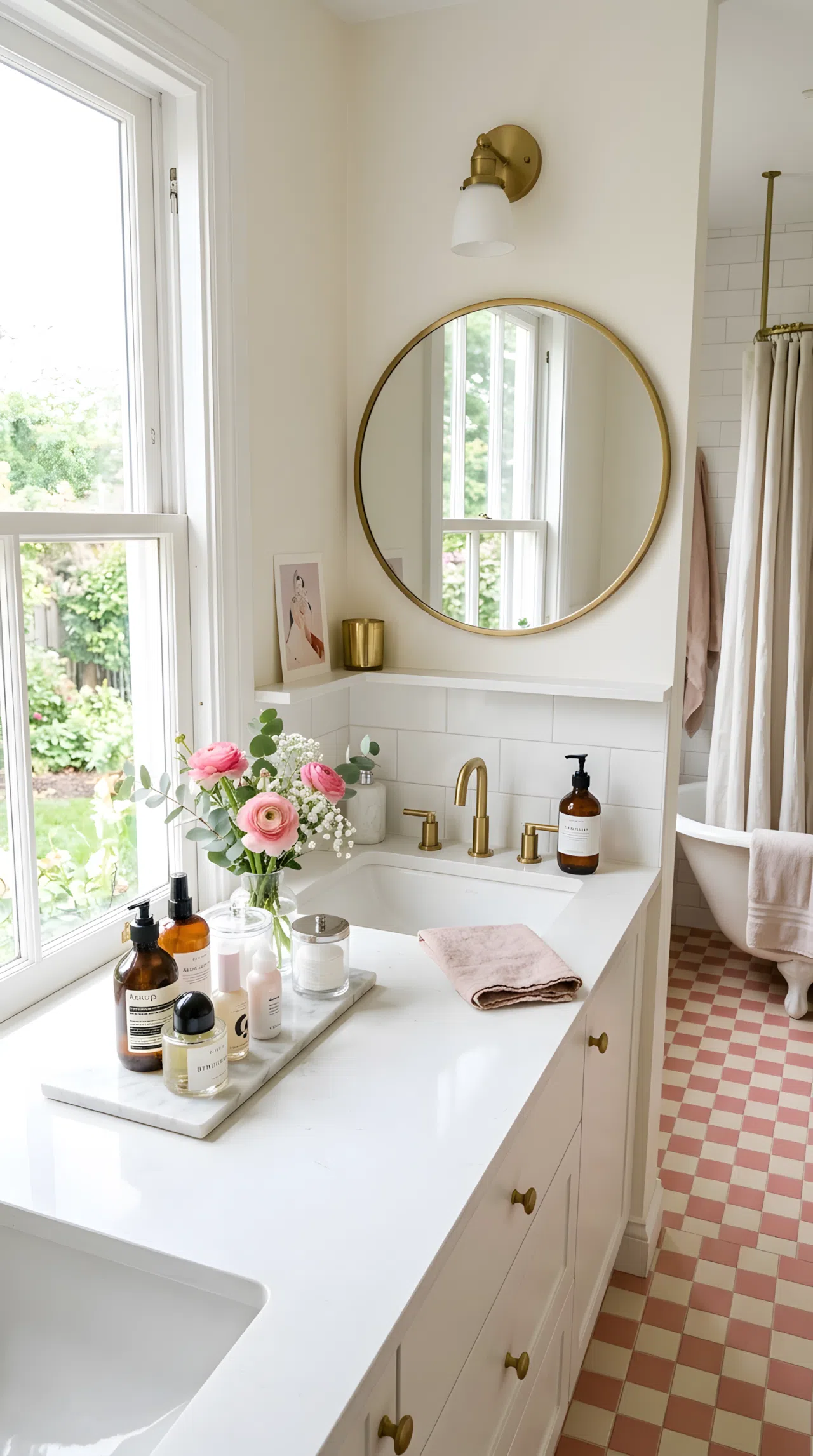 Real-life bathroom photo with blush pink and cream checkerboard floor tile, neatly arranged round mirror above sink, beautifully organized skincare products on counter, bright natural light, vibrant soft color contrast, clean and tidy, photographic style