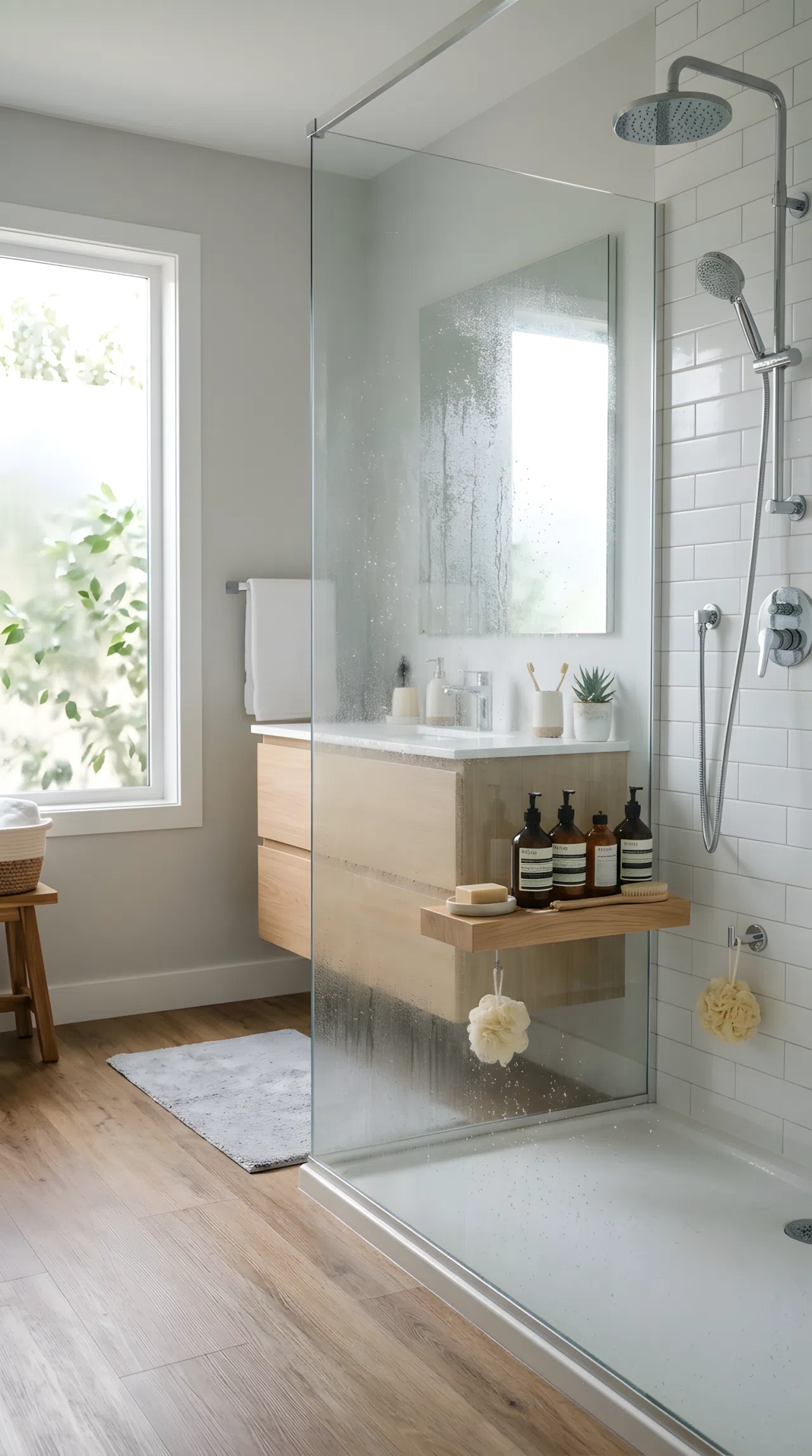 Real-life bathroom photo showing waterproof core flooring near a glass shower with visible steam on the glass, neatly organized shower shelf, beautifully arranged bath products, bright natural light, clean fresh atmosphere, photographic realism