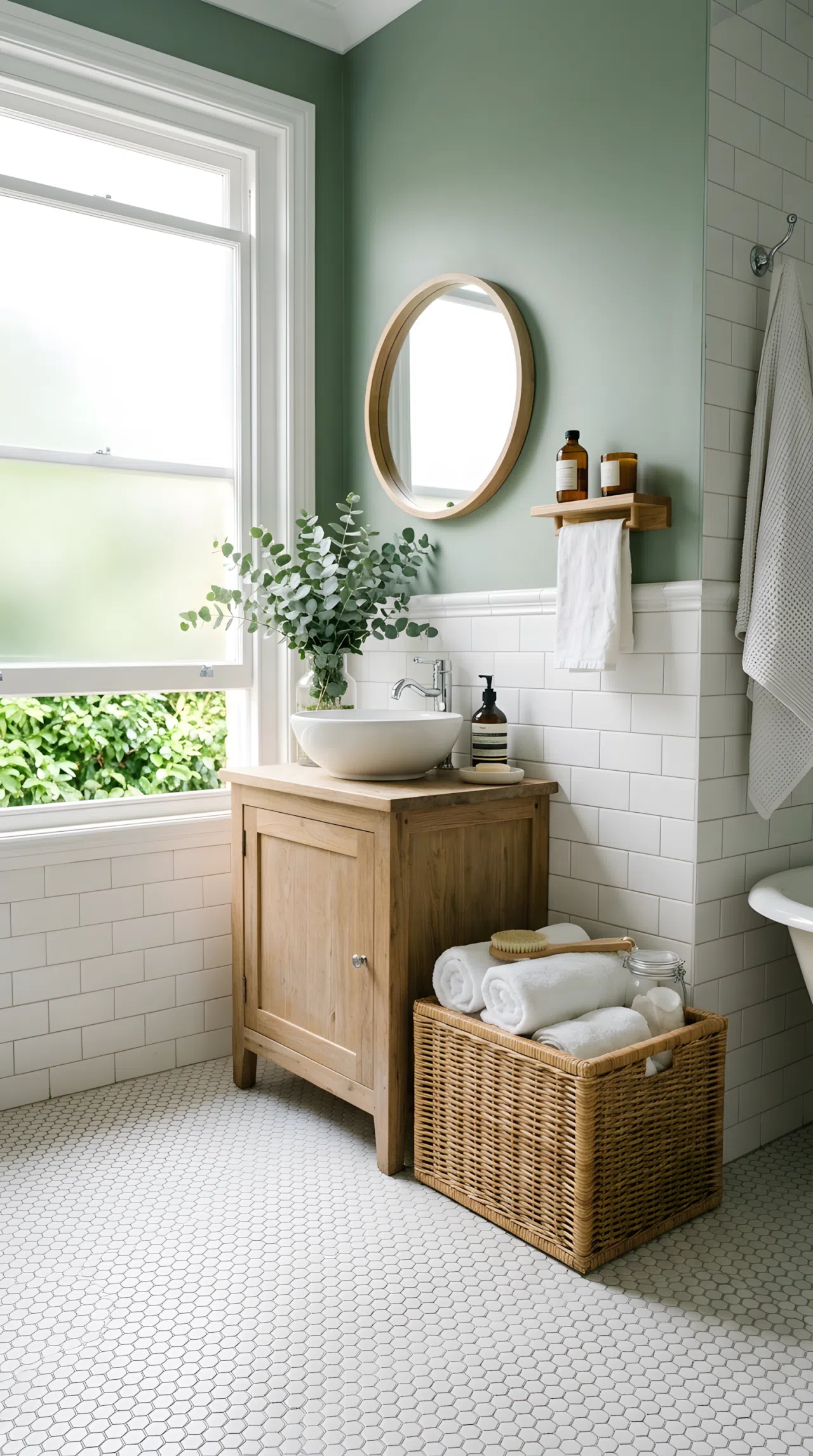 Real-life bathroom photo with small white hexagon mosaic floor tile, sage green wall accent, neatly organized wicker storage basket, beautifully arranged eucalyptus sprig in a vase, bright natural light, clean calm atmosphere, photographic style
