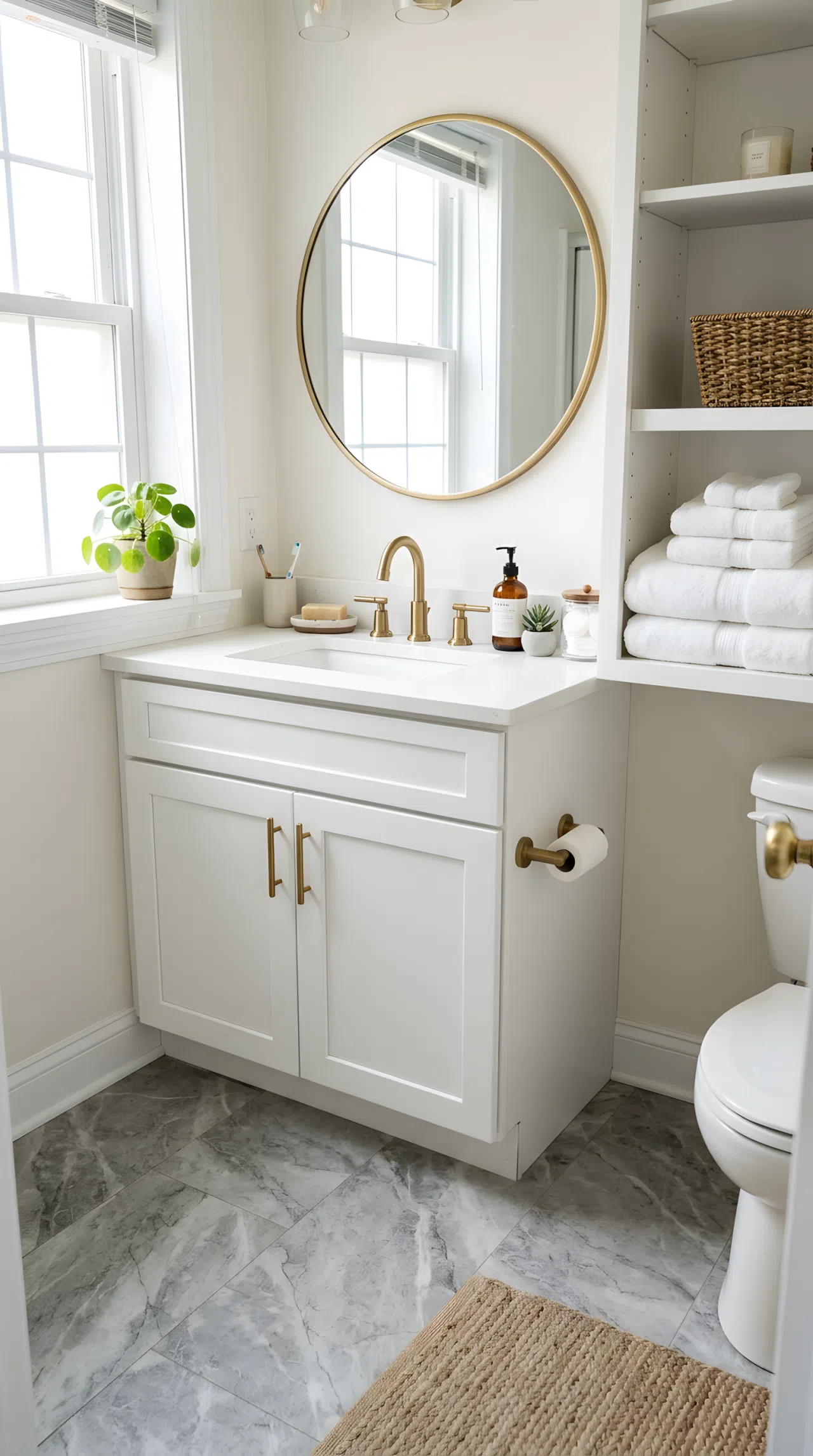 Real-life bathroom photo with gray-veined stone-look vinyl floor tile, neatly organized white vanity with brass hardware, beautifully arranged folded towels, bright natural light, clean budget-friendly makeover feel, photographic realism