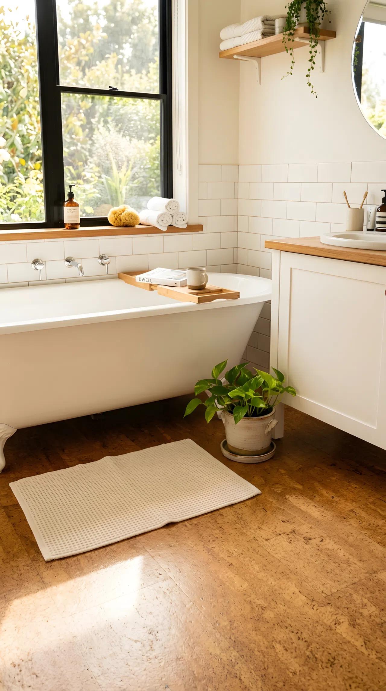 Real-life bathroom photo with warm honey-toned cork floor tile, neatly organized bath mat, beautifully arranged small potted plant near the tub, bright natural light streaming across the floor, clean cozy atmosphere, vibrant warm tones, photographic realism