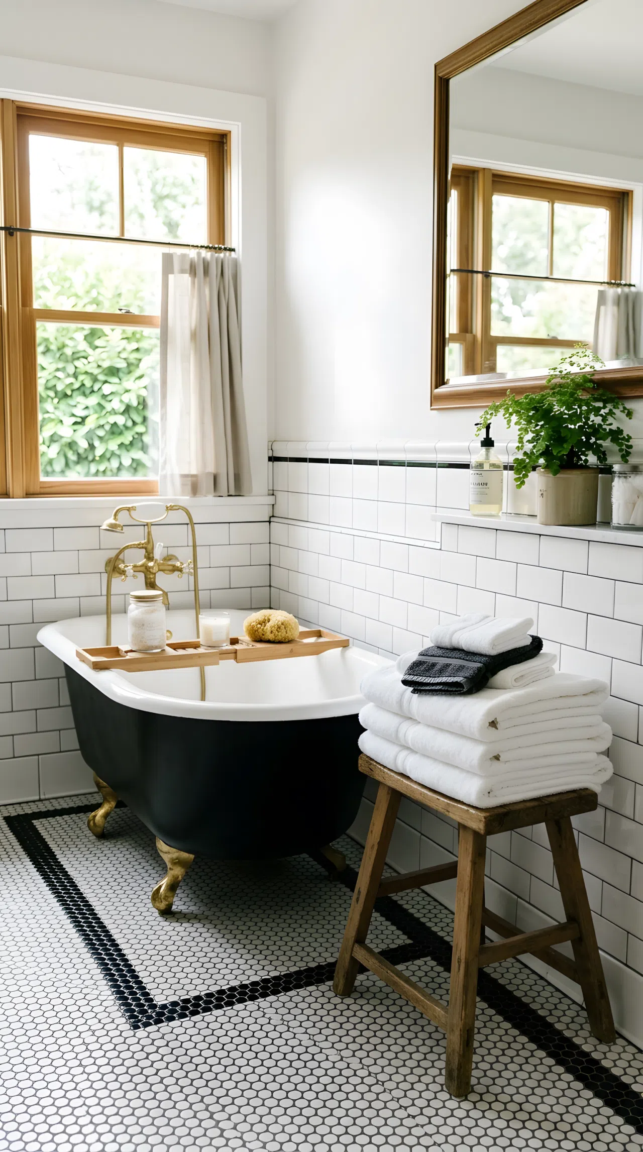 Real-life bathroom photo with white penny tile mosaic floor and black border trim, neatly organized clawfoot tub nearby, beautifully arranged folded white towels, bright natural light, clean vintage-inspired atmosphere, photographic style