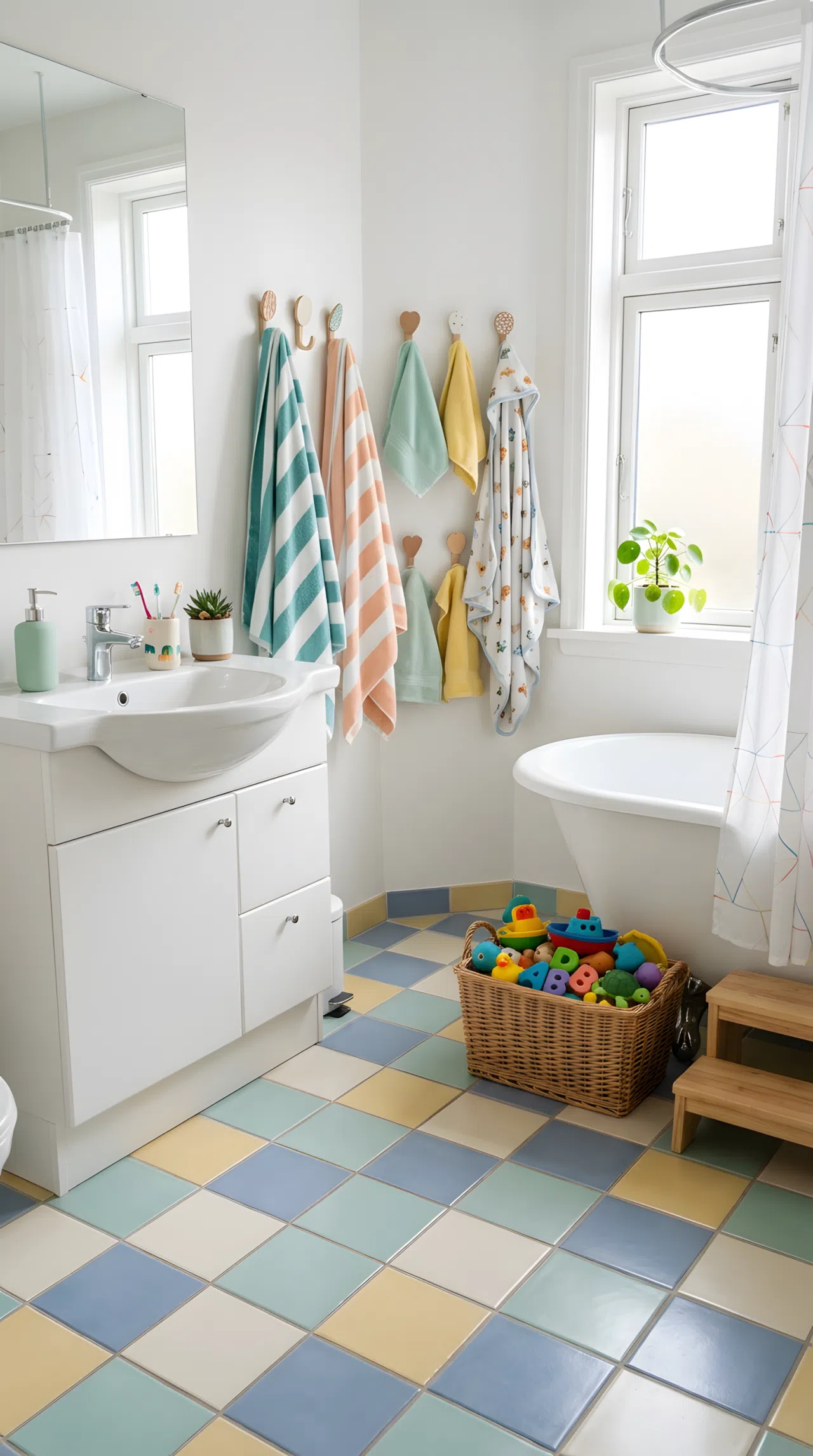 Real-life family bathroom photo with soft pastel glazed ceramic floor tile, neatly organized kids bath toys in a basket, beautifully arranged towels on a hook, bright natural light, clean fresh atmosphere, vibrant cheerful colors, photographic realism