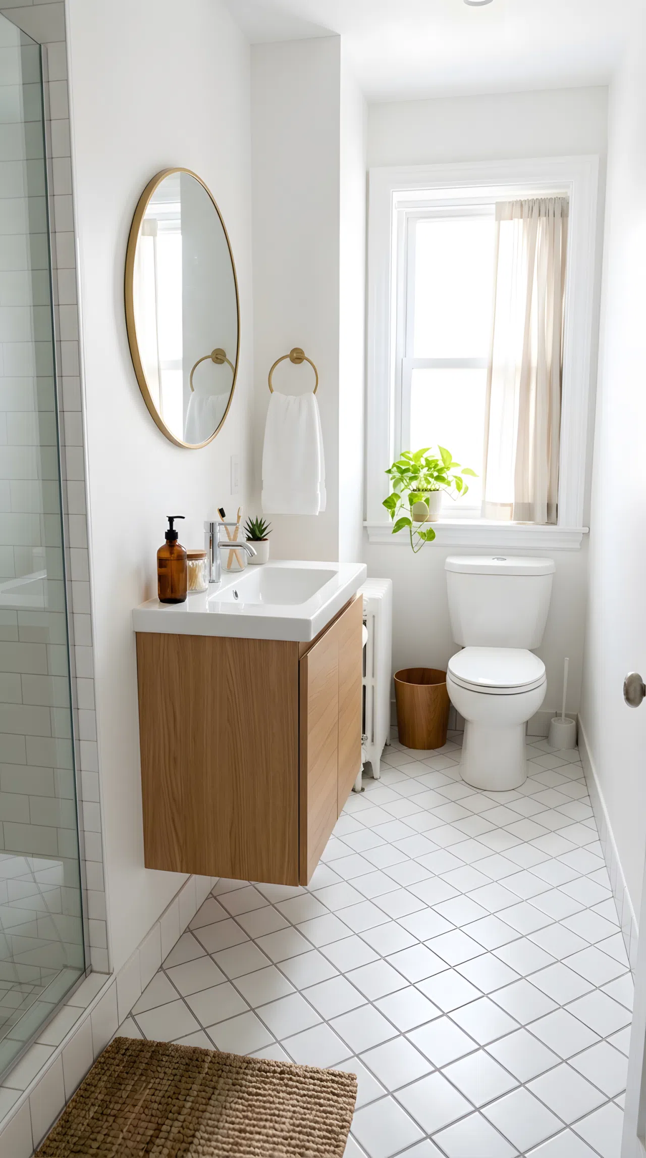 Real-life small bathroom photo with white square floor tile laid in a diagonal pattern, neatly organized narrow vanity, beautifully arranged small mirror and single towel, bright natural light, clean spacious-feeling atmosphere, photographic style
