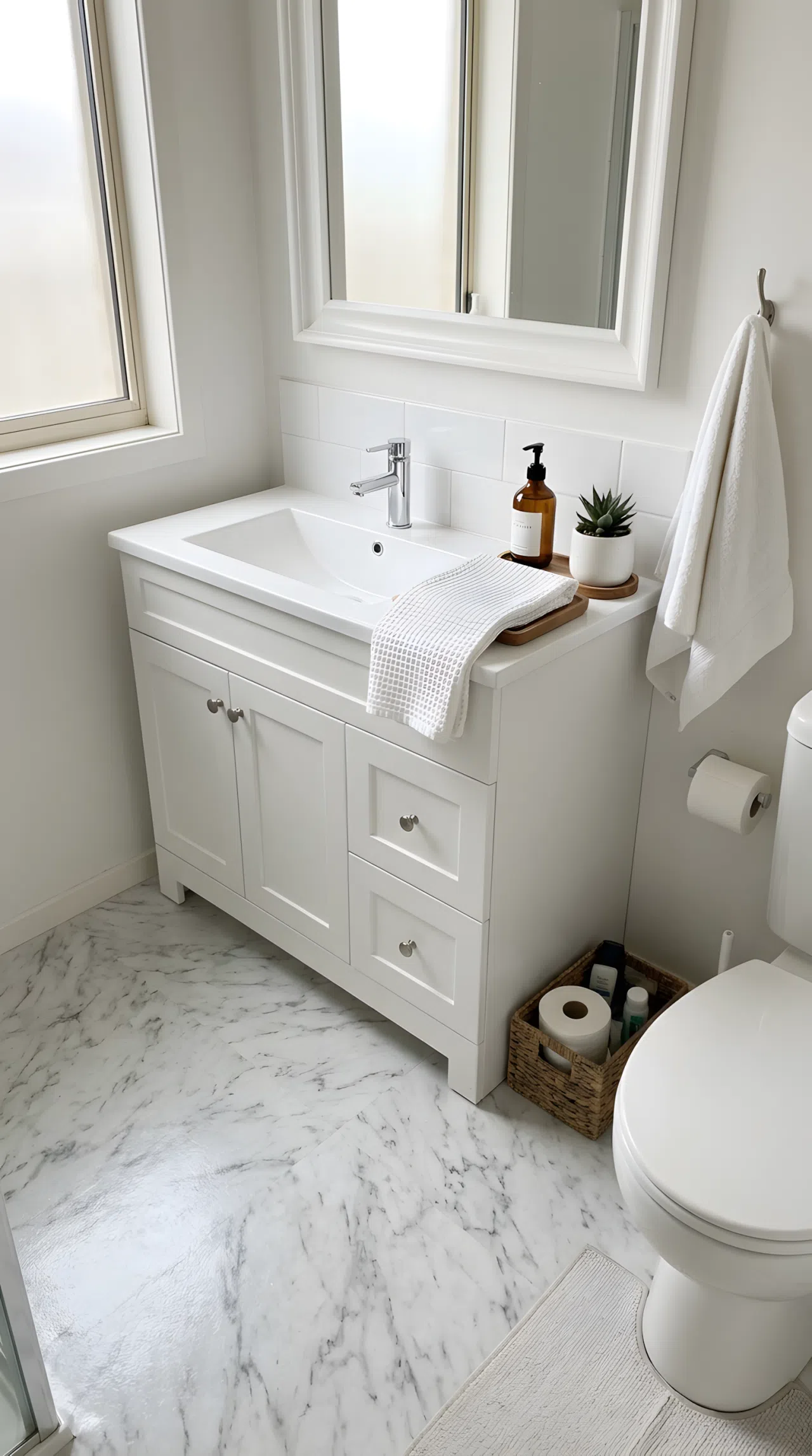 Real-life bathroom photo with seamless marble-print vinyl sheet flooring, neatly organized white vanity, beautifully arranged small soap dispenser and hand towel, bright natural light, clean budget-friendly finish, photographic realism