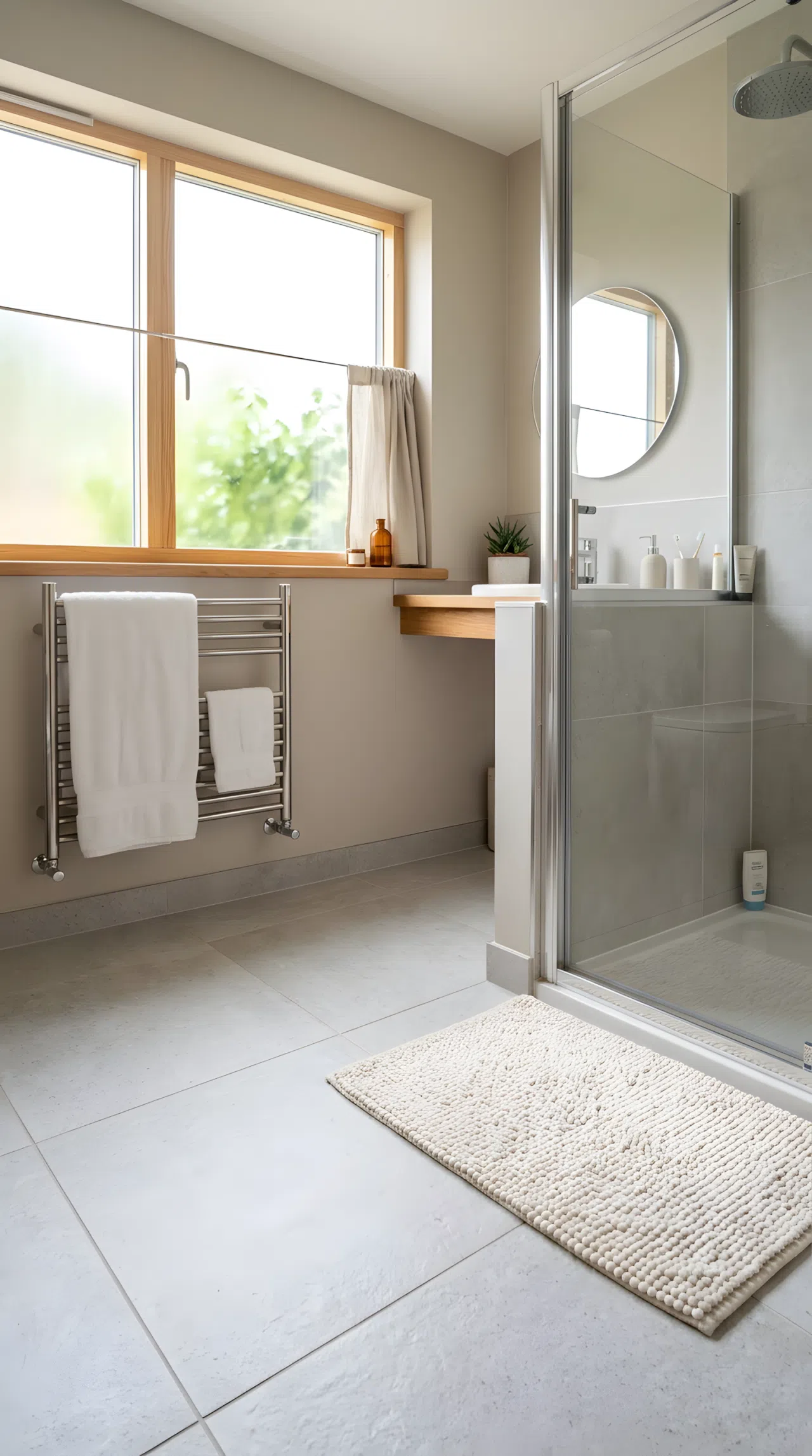 Real-life bathroom photo with light gray tile floor and visible warm glow suggesting radiant heating, neatly organized bath mat, beautifully arranged towel warmer nearby, bright natural light, clean cozy morning atmosphere, photographic realism